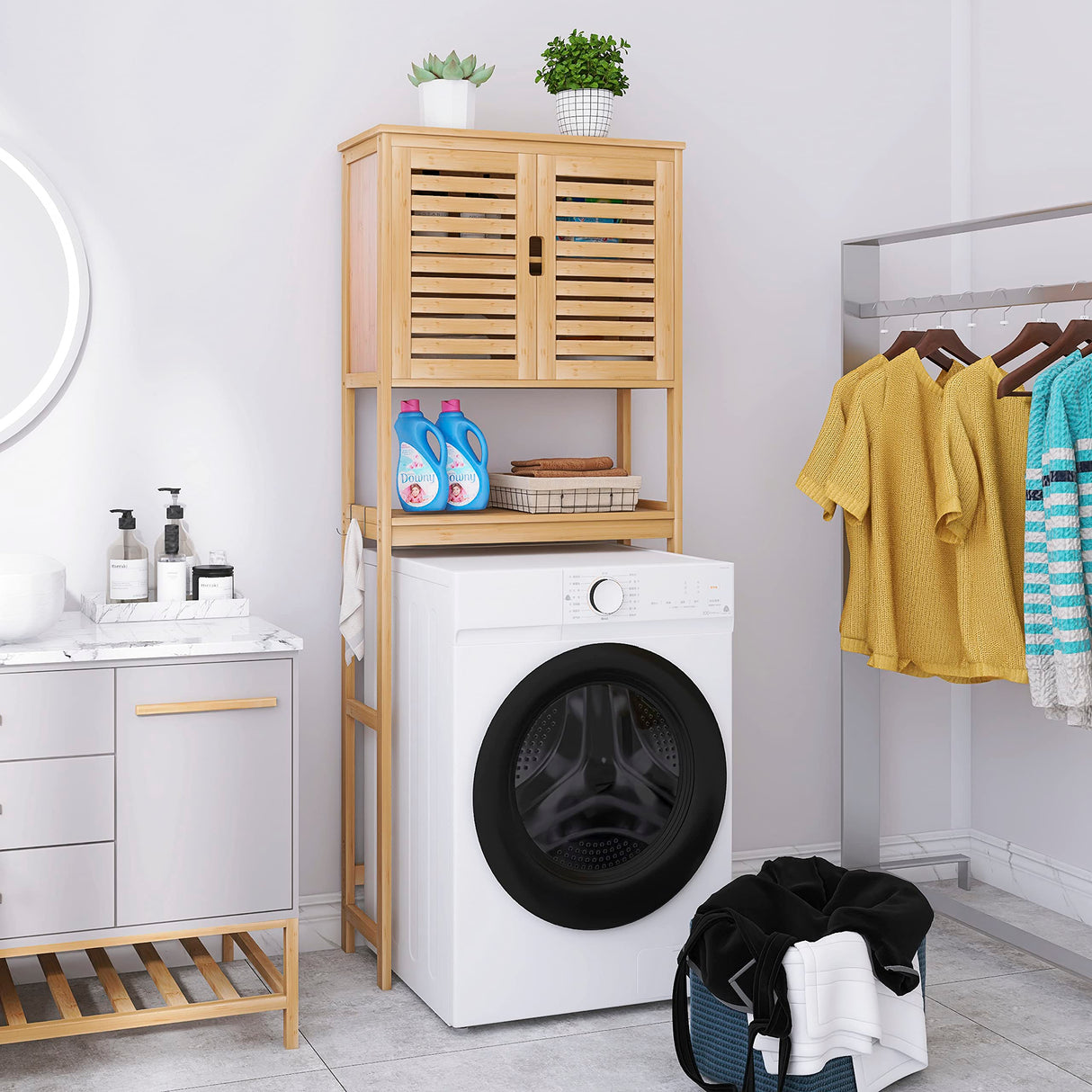 SMIBUY Bathroom Over The Toilet Storage Cabinet, 2 Door Bamboo Cabinet Organizer, Freestanding Space Saver Toilet Rack with Adjustable Inside Shelf and Open Shelf (Natural) SMIBUY