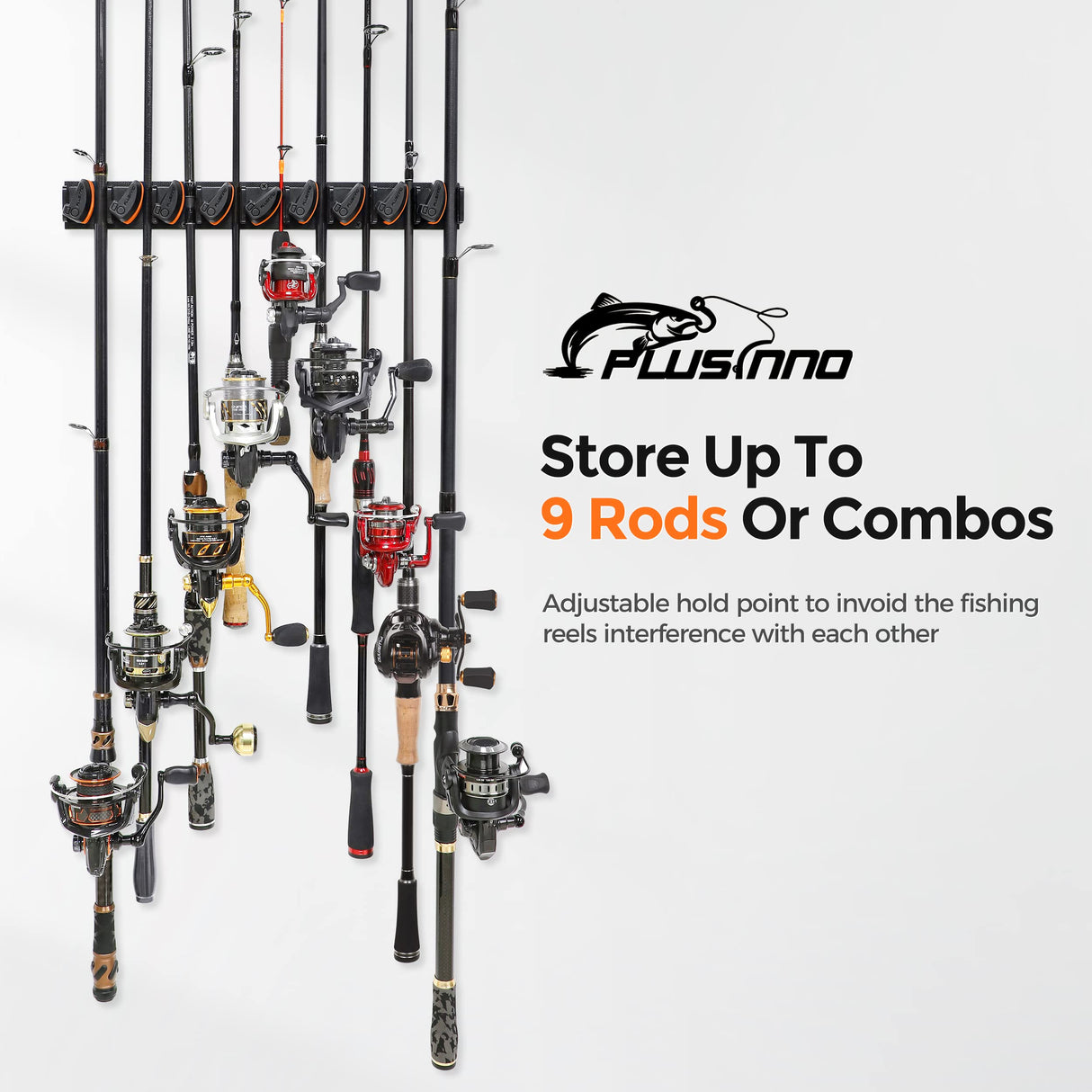 PLUSINNO V9 Vertical Fishing Rod Holders, Wall Mounted Fishing Pole Holders, Fishing Rod Rack Holds Up to 9 Rods or Combos, Fishing Rod Holders for Garage, Fits Most Rods of Diameter 3-19mm PLUSINNO