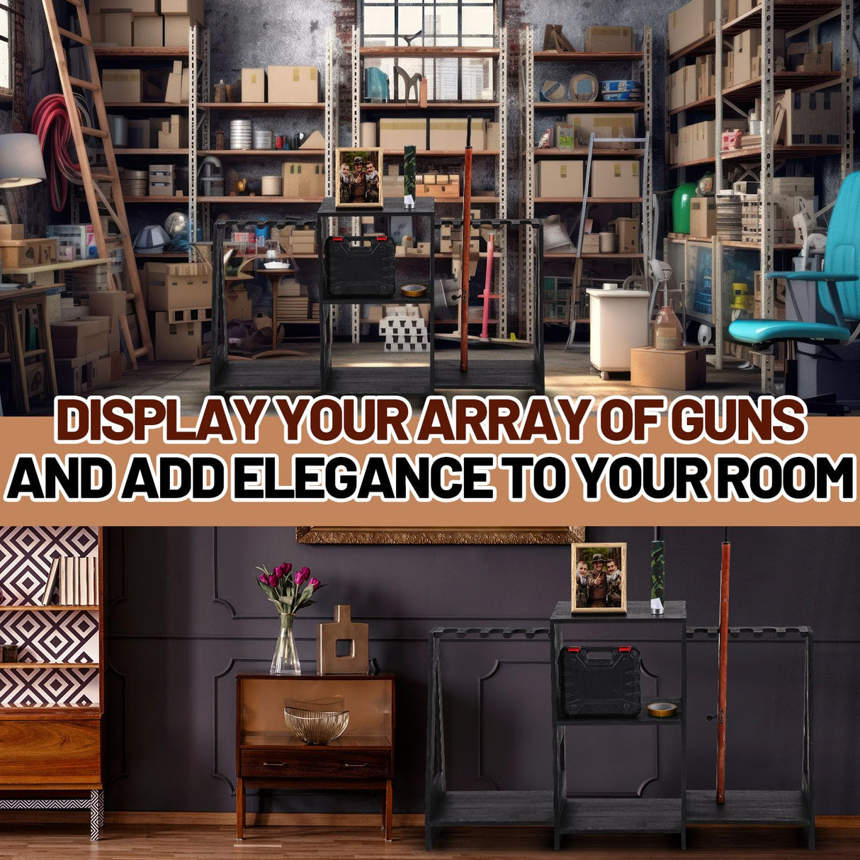 DoubleFill Gun Rack Wooden Display Stand Rifle Rack for Garage Storage Holds 10 Long Guns and Accessories Organizer for Shooting Clubs, Hunting DoubleFill