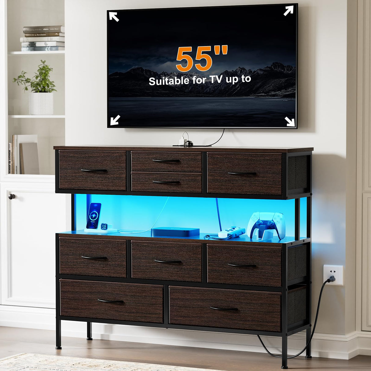 REAHOME Dresser TV Stand with Charging Station and LED Lights, 55” TV Stand with 9 Drawers, Fabric Dresser for Bedroom, Steel Frame, Large Storage Chest of Drawers for Closet, Living Room, Brown REAHOME