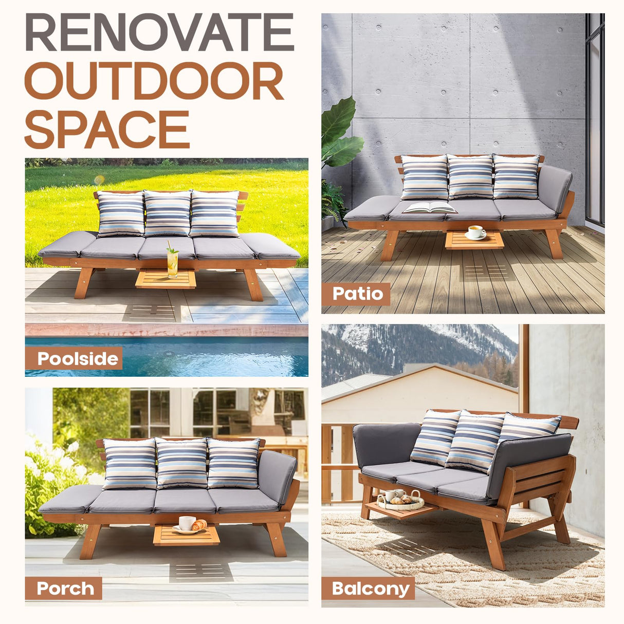 IDZO Amelie Outdoor Daybed Sofa: 750lbs Max Weight Support, Sleeper Chair with Armrest, Coffee Tray, 3 Pillows, FSC Wood, Gray, Ideal for Outdoor Couch IDZO