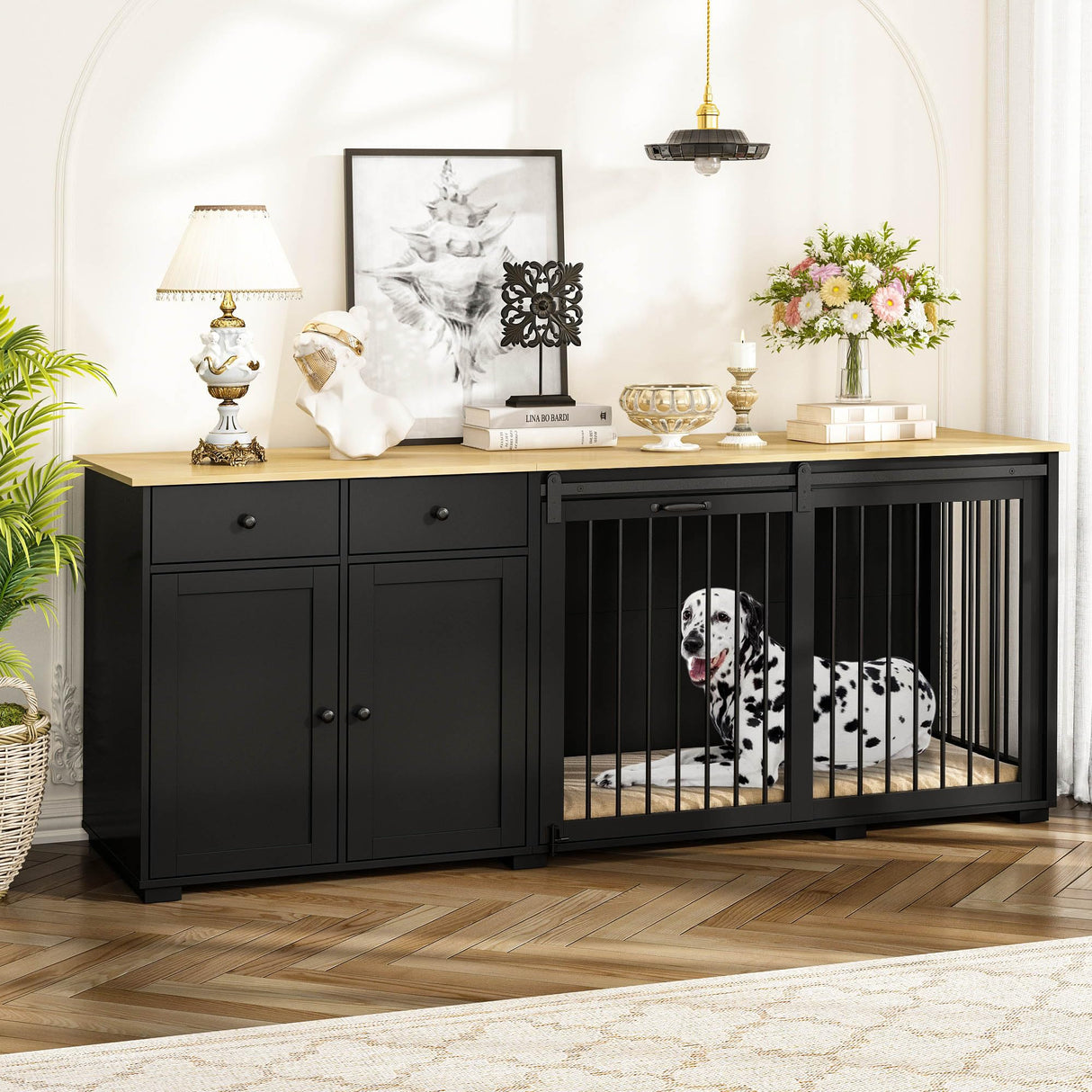 DAWNSPACES Large Dog Crate Funiture with Drawers, 78.7" Luxury Wooden Heavy Duty Dog Kennel Table Furniture with Sliding Door, Indoor Dog House TV Stand for Large Medium Breed Dogs, Black DAWNSPACES