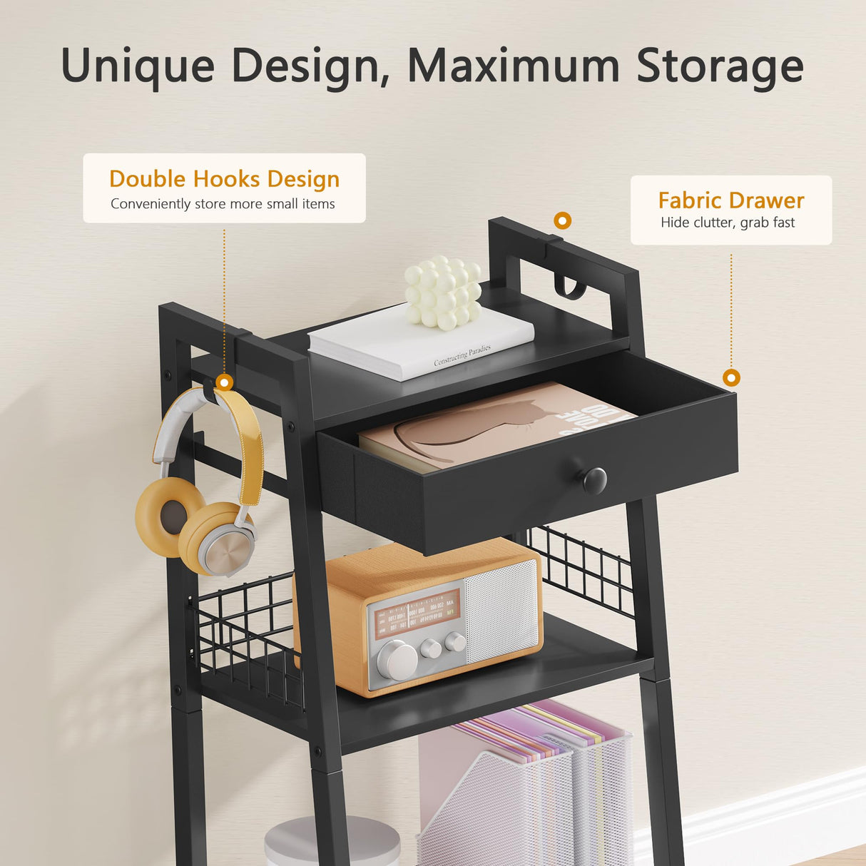 Gewudraw 3-Tier Bathroom Ladder Shelf with Drawer, Freestanding Tower Shelf Ladder Bookshelf for Living Room, Bedroom -Black Gewudraw