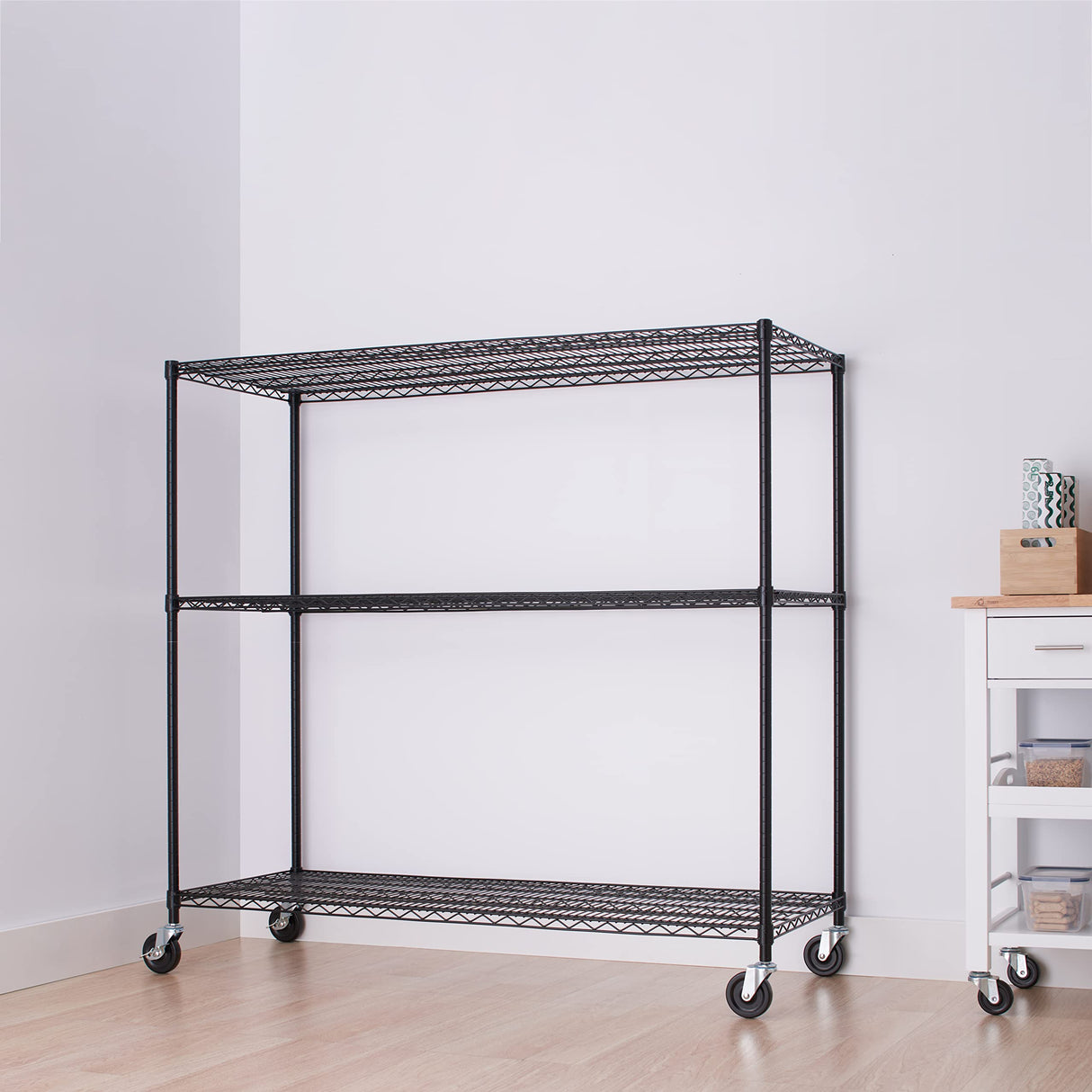 TRINITY Basics 3-Tier Adjustable Wire Shelving with Wheels for Kitchen Organization, Garage Storage, Laundry Room, NSF Certified, 600 to 1350 Pound Capacity, 60” by 24” by 54”, Black TRINITY