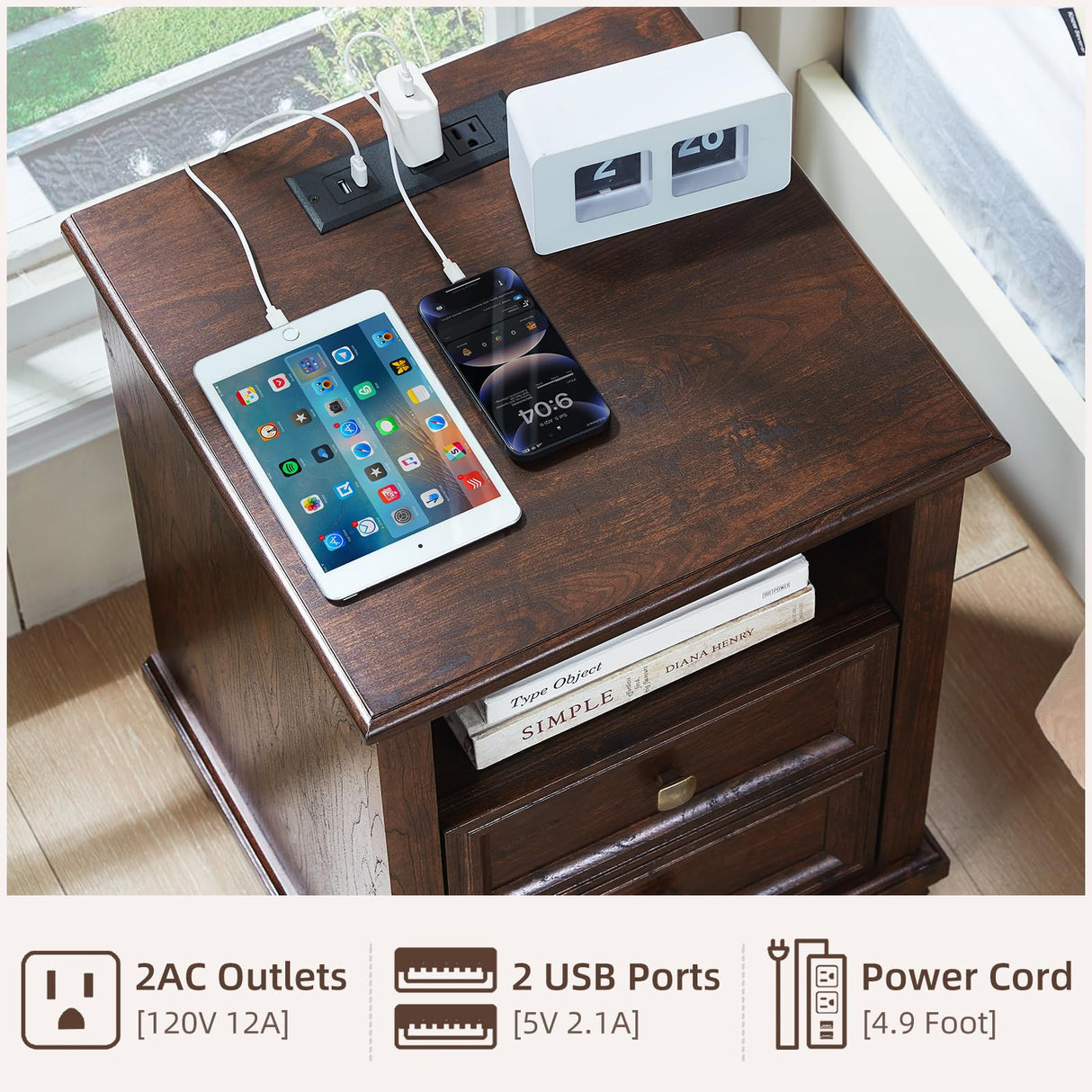 SAVOR LIFE Farmhouse Nightstand with Charging Station, Rustic Brown Nightstand,2 Drawers End Table for Living Room,Bedside Table with Open Shelf for Bed Room,Walnut SAVOR LIFE