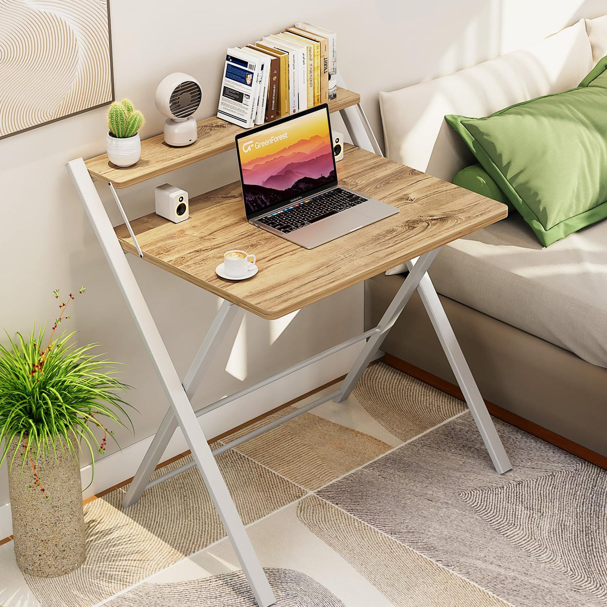 GreenForest Folding Desk No Assembly Required Small Size, 2-Tier Foldable Computer Desk with Shelf for Home Office, Space Saving Portable Laptop Study Foldable Table for Small Spaces, Oak GreenForest