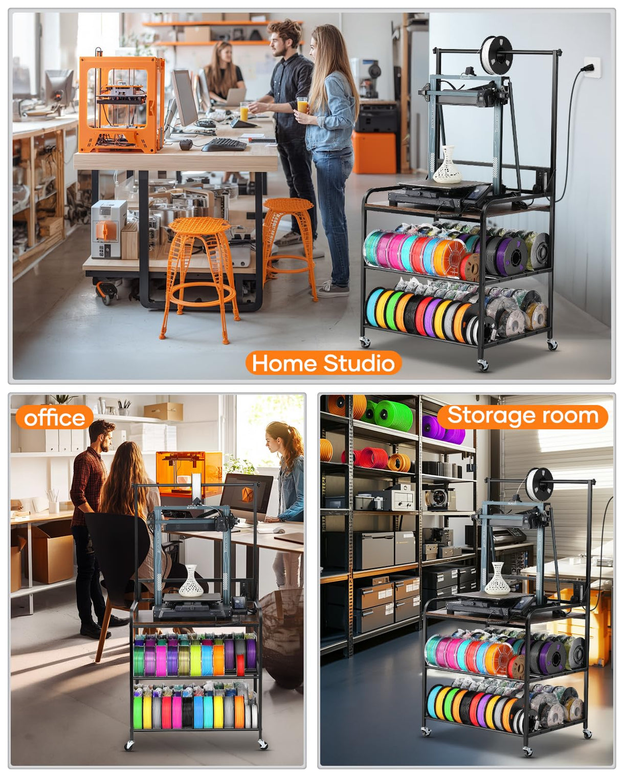 AHOWPD 3D Printer Rack Filaments Storage - Rolling 3d Printing Stand Filament Organizer, Spools Holder Racks Cart with Wheels, Heavy Duty Shelf Hold Spool PLA, ABS, PETG for Garage Office Workshop AHOWPD