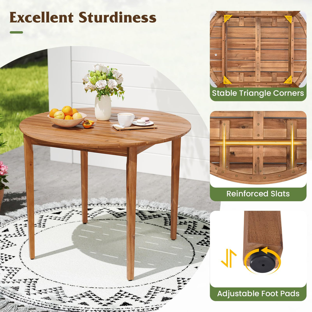 Tangkula 5 Piece Patio Dining Set for 4, Outdoor Solid Wood Round Table with Cushioned Chairs, for Deck, Lawn, Garden and Poolside Tangkula