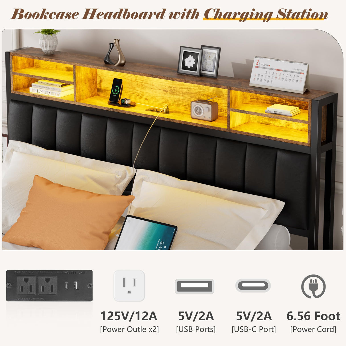 Alohappy Full Size Upholstered Bed Frame with Bookcase Headboard, LED Lighting & Charging Station Alohappy