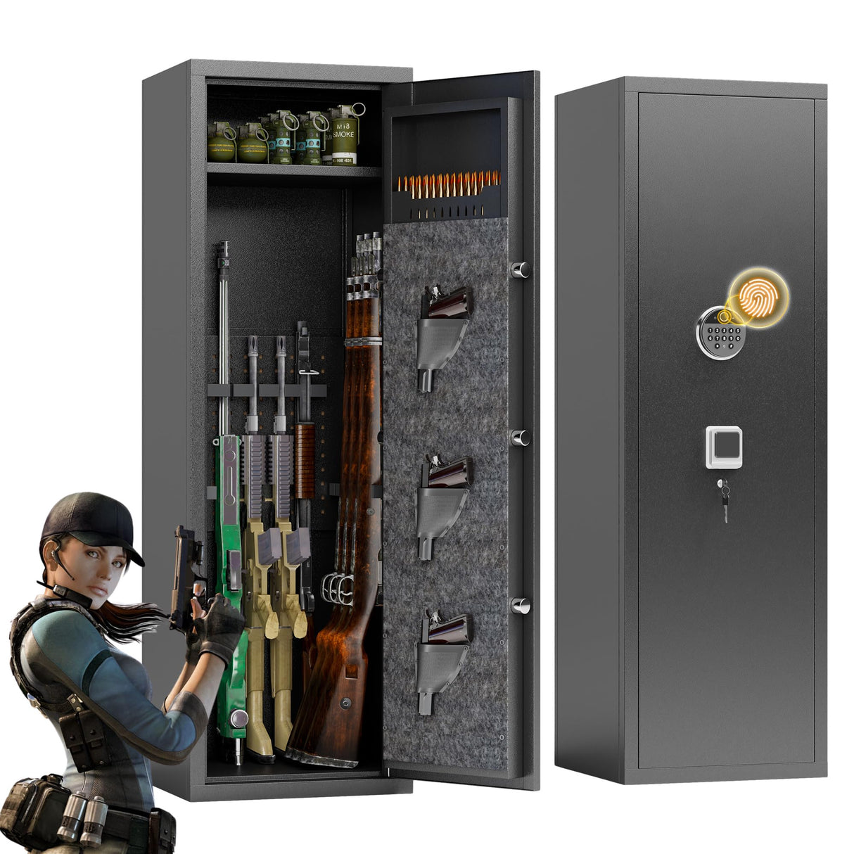 Leariso 12-15 Rifle Gun Safe, Home Safes for Rifles and Pistols, Biometric Gun Safes for Handgun with Adjustable Shelves and Pockets, Gun Cabinet with Alarm Function, Gun Locker, Black Leariso