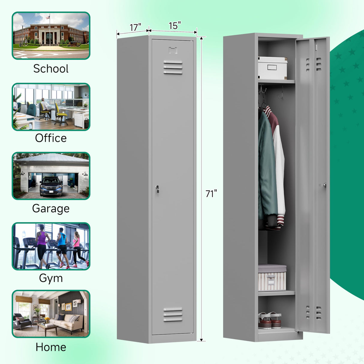 Kooyon Metal Lockers for Employees,71" Metal Storage Cabinet with Lock,1 Door Steel Storage Locker Cabinet for Home,Gym,School, Office,Garage-Assembly Required(Gray) Kooyon