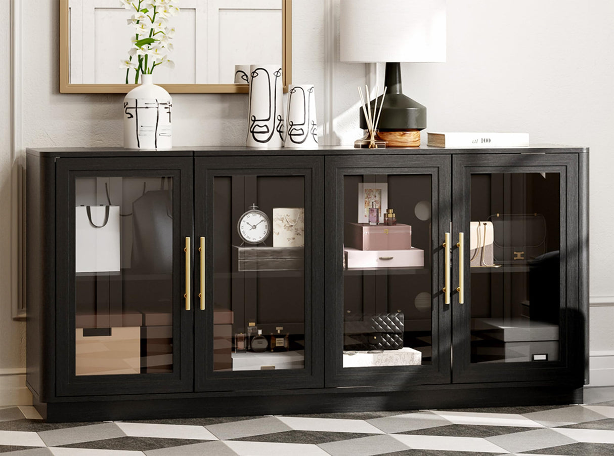 NEWOWNDS Buffet Cabinet with Storage,63" Large Sideboard Buffet Cabinet,Modern Sideboard Kitchen Cabinet with 4 Transparent Glass Doors,Credenza Coffee Bar Cabinet Buffet Table for Kitchen,Black NEWOWNDS