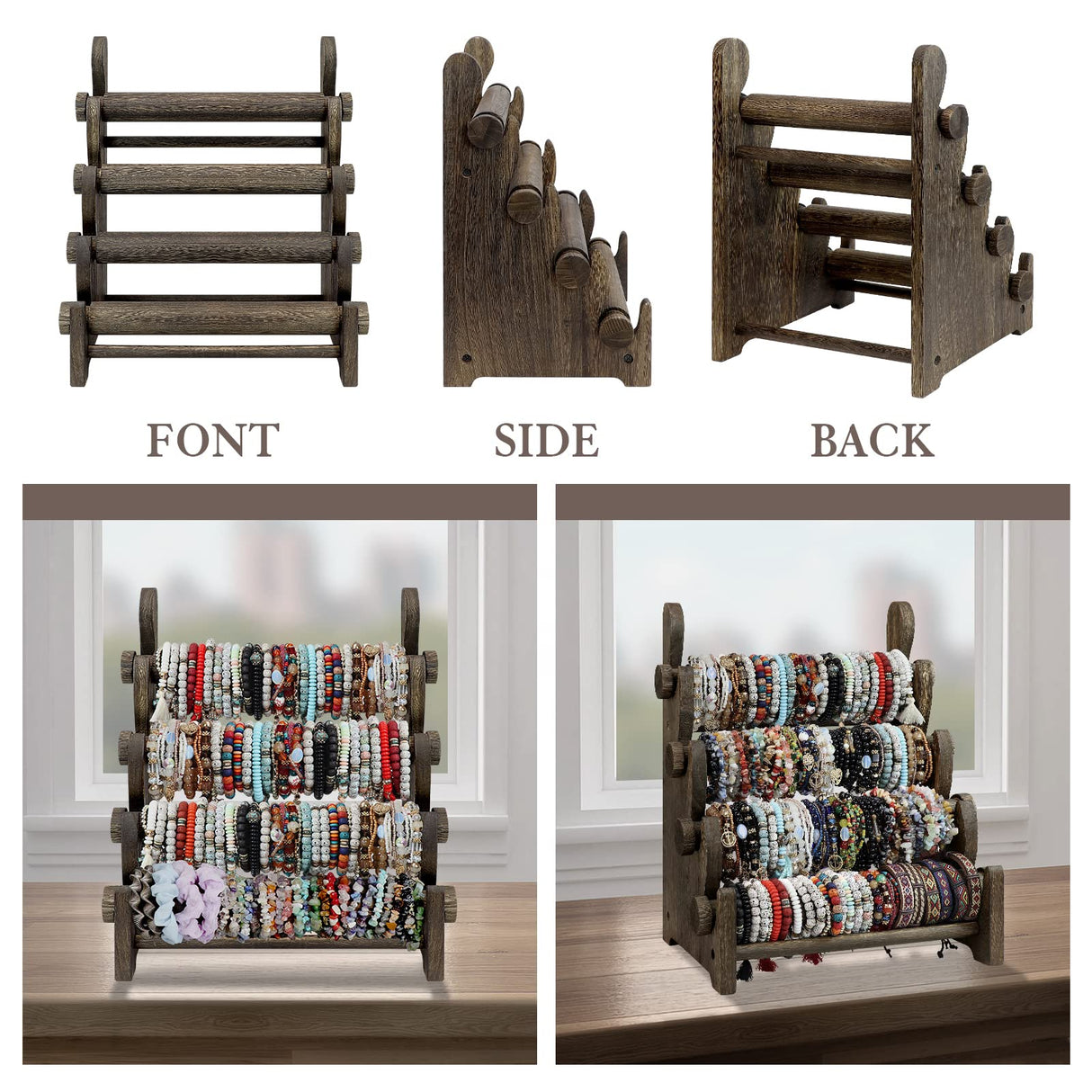 TOPNEW 4 Tier Wooden Bracelet Holder, Bangle Watch Necklace Display Storage Jewelry Holder Stand Display Organizer, Brown 4 Tier Wooden Bracelet Holder TOPNEW
