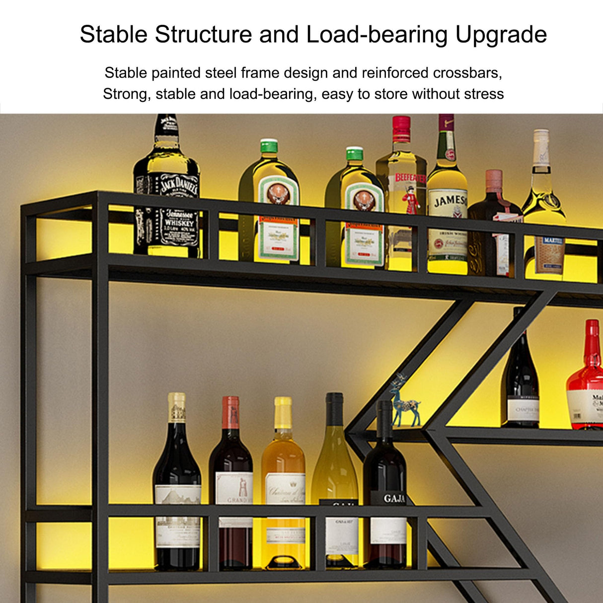 Wine Rack Wall Mounted Bar Shelves with Hanging Wine Glass Holder Rack and LED Light Liquor Bottle Display Shelf Floating Bar Shelves Whiskey Shelf Kitchen Wall Cabinet for Home Bar Cafe Dining Room ( JOSIAHCQ