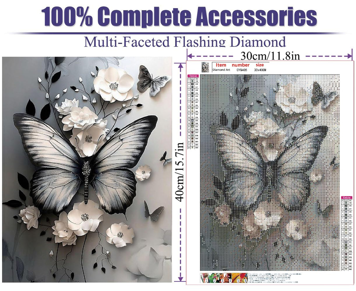 Diamond Art Kits for Adults, Butterfly Flower 5D DIY Diamond Painting Kit for Adults, Diamond Dots for Adults, Diamond Dots Painting Picture Art Craft for Home Wall Decor, 12x16 Inch Baiwanerxiang