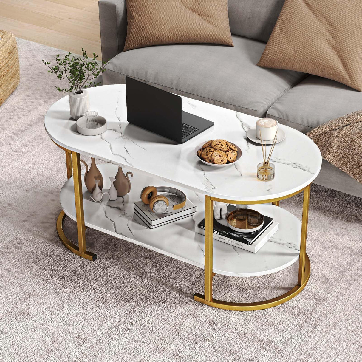 Giantex 2-Tier Coffee Table, Oval Center Table with Faux Marble Top & Open Storage Shelf, Modern Accent Table with Heavy Duty Metal Frame, Oval Coffee Tables for Living Room, White and Gold Giantex