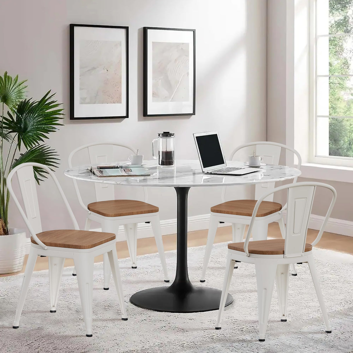 Alunaune 18inch Metal Dining Chair Set of 4 High Back Classic Chic Iron Farmhouse Chairs Industrial Stackable Coffee Stools Bistro Cafe Side Barstools Wood Seat-White Alunaune