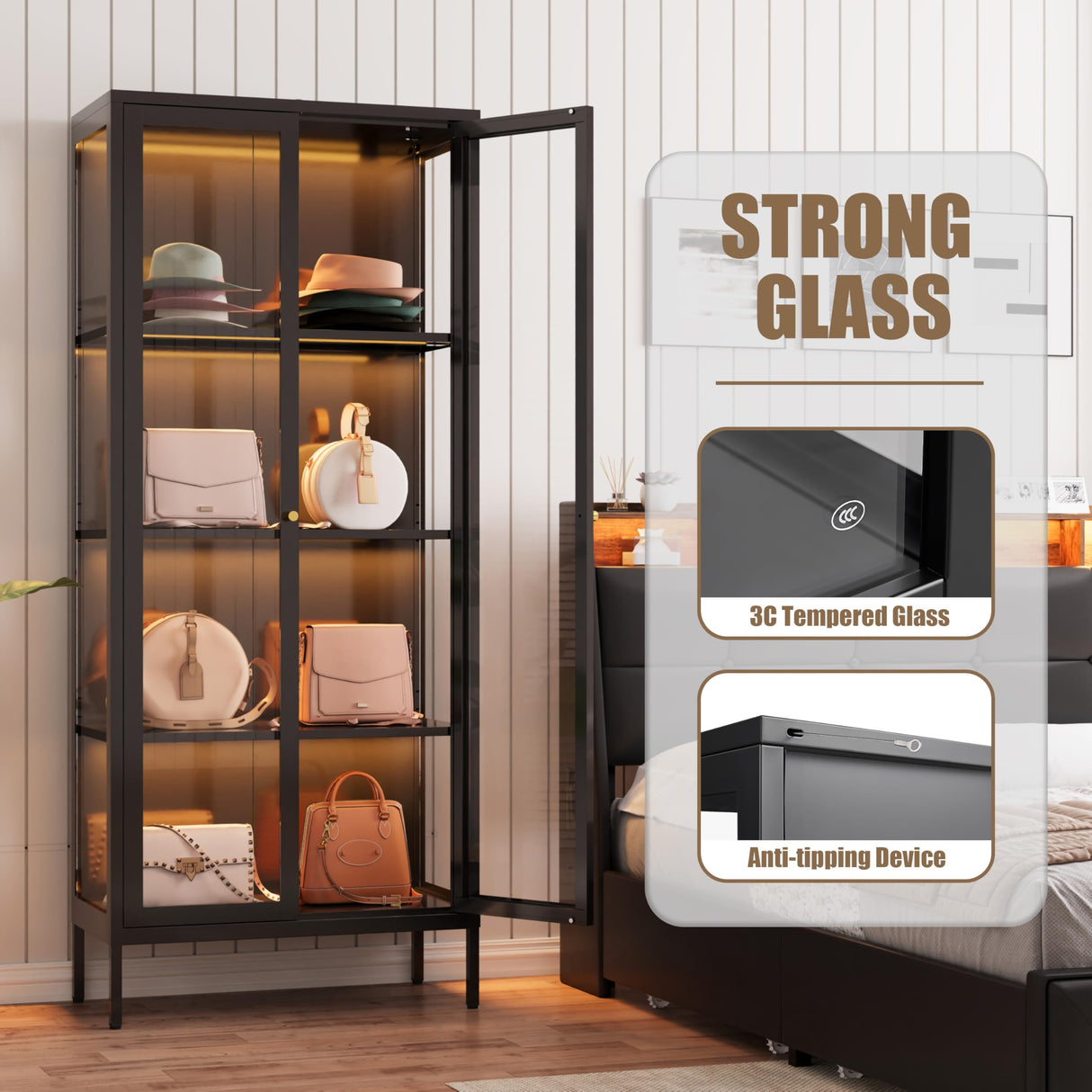 Glass Display Cabinet with LED Lights, Black Curio Glass Showcase, 66" Tall Metal Storage Cabinet with Doors and Adjustable Shelves, 3 Color Lighted Display Case for Living Room, Home Office, Pantry MetalMax