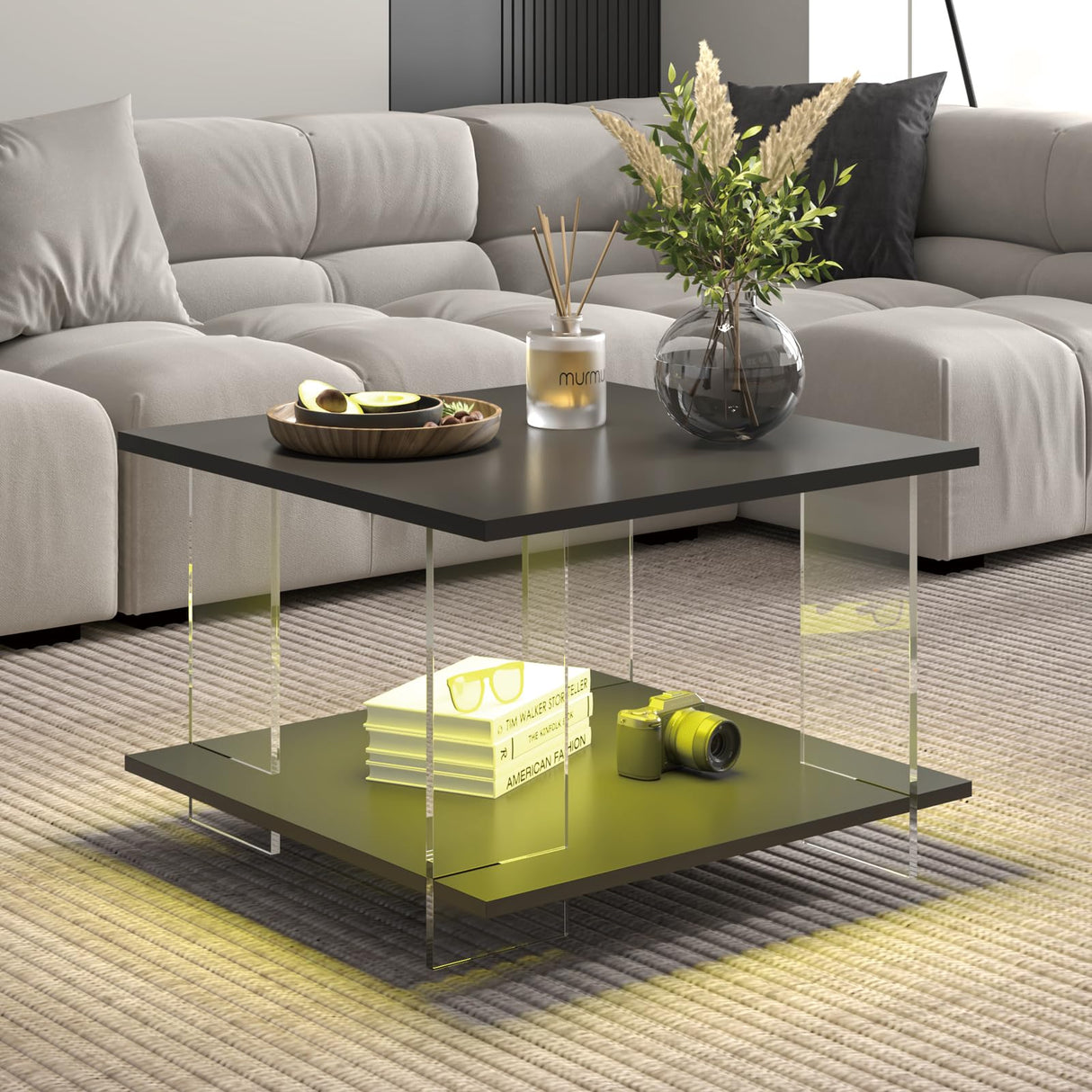 HedoAjim 24" Acrylic Coffee Table with Black Wood Tabletop, Minimalist Stylish Modern Square Center Table for Living Room,Led Living Room Table with Storage Shelf & Acrylic Frame for Small Space HedoAjim