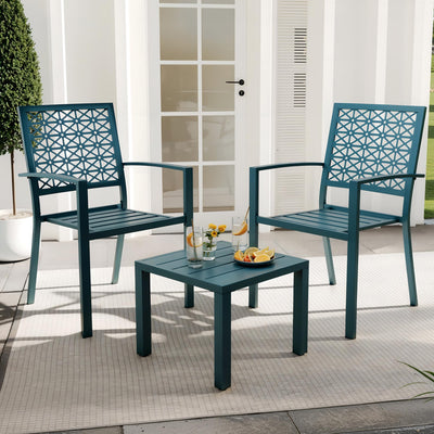 ChicCoutured 3 Piece Patio Bistro Set, Iron Art Outdoor Bistro Table and Chairs Set of 2, Stackable Patio Dining Set, Outdoor Furniture Set for Patio, Balcony, Porch, Blue