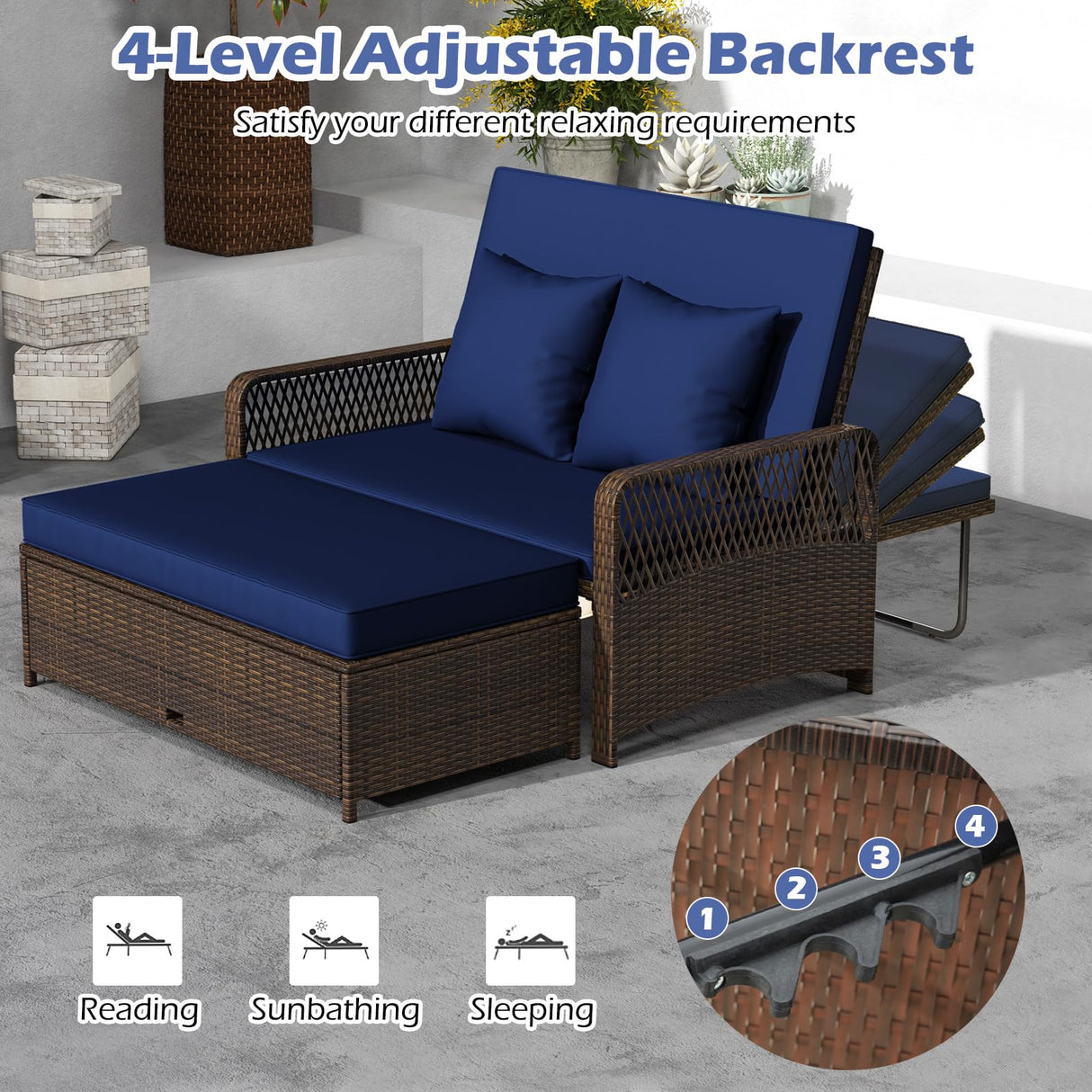 Tangkula Patio Adjustable Wicker Daybed, Rattan Loveseat & Storage Ottoman w/ 4-Level Backrest & Soft Cushions, Space-Saving 2-Person Sun Lounger for Backyard, Porch (Navy) Tangkula