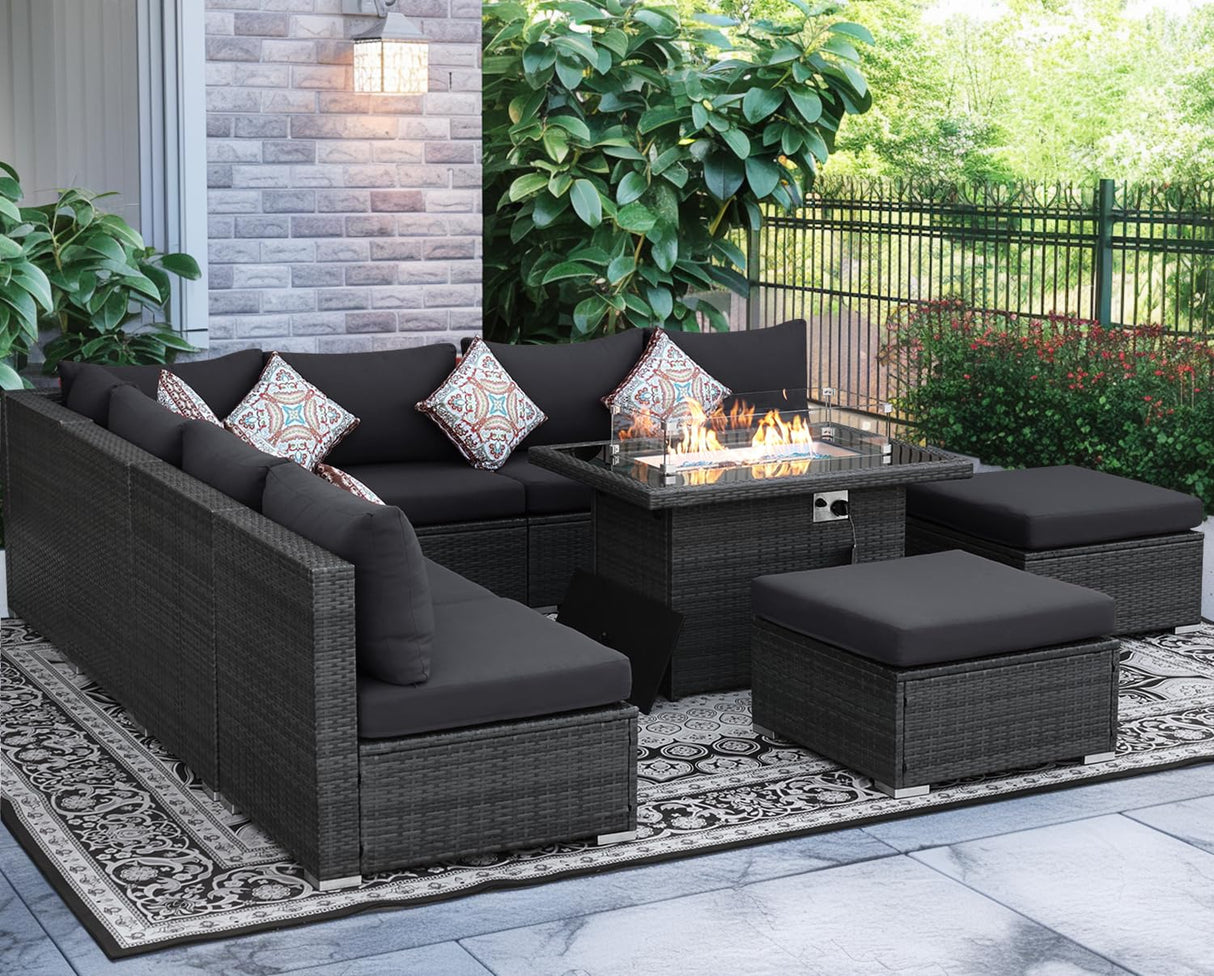 NICESOUL 10 Piece Contemporary Patio Furniture Set with Firepit Table Natural Gas/Propane, 29.3'' High Backrest Outdoor Sofa Conversations, 9 Seats Deep Wide Seating Wicker Sectionals, Dark Gray NICESOUL
