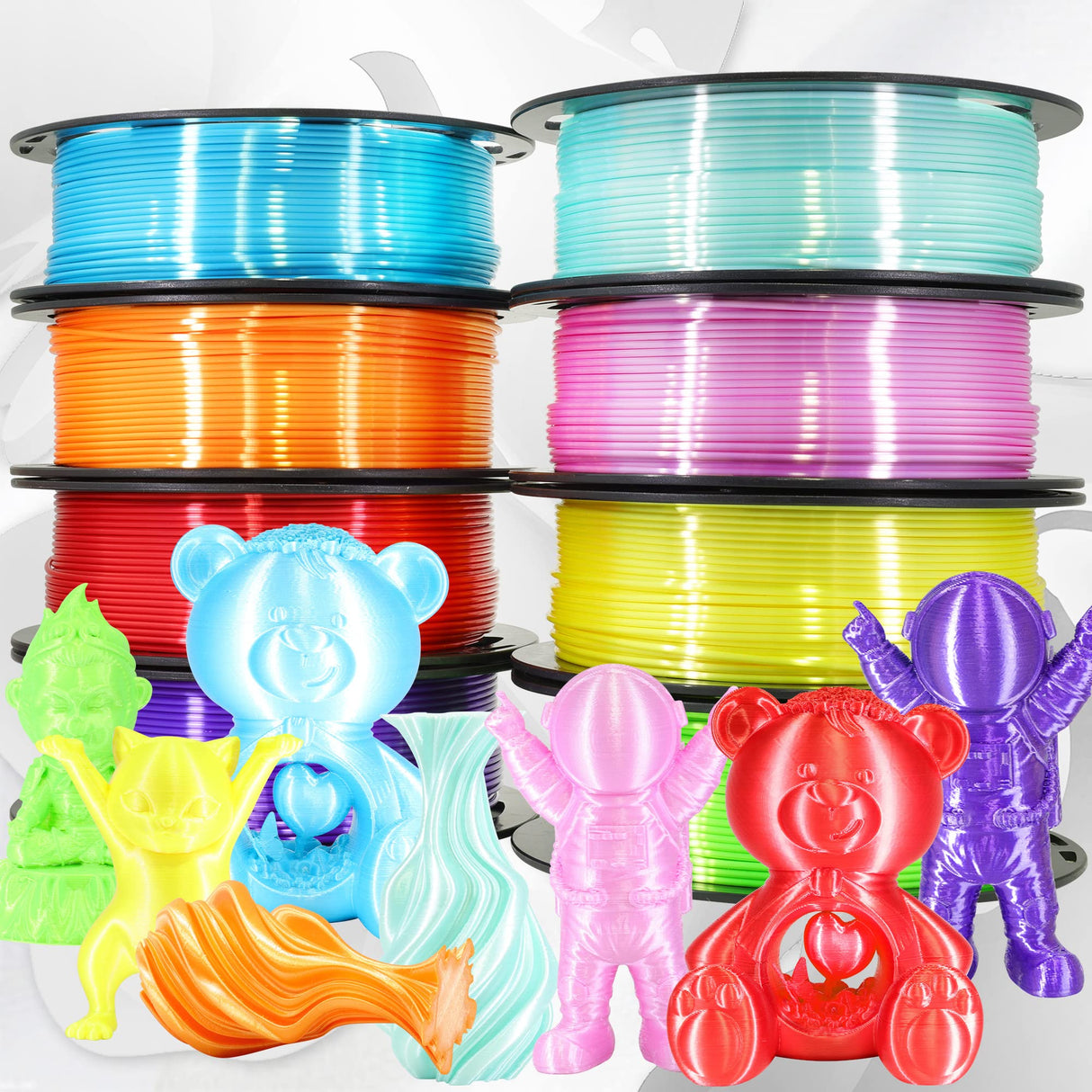 1.75mm Silk Shiny PLA 3D Printer Filament 8 Bright Colors Bundle: Silk Yellow/Lime Green/Orange/Sky Blue/Pink/Cyan/Red/Purple, Each Spool 250g, Total 2Kg 3D Printing Material, 250g x 8 Spools DO3D