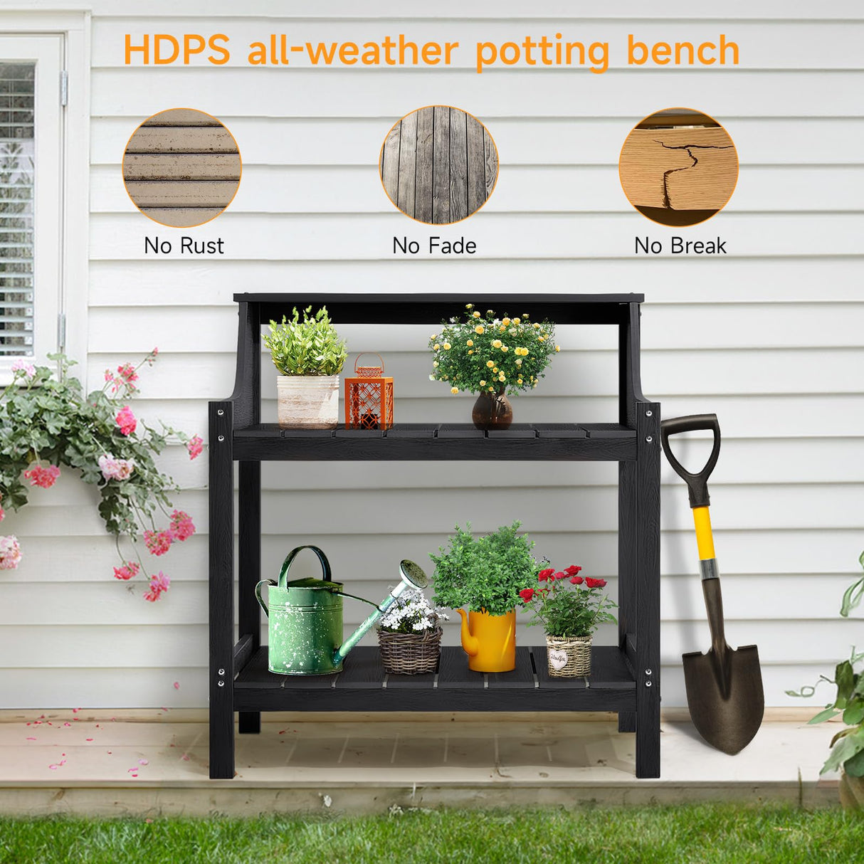 ONBRILL Potting Bench Table, HDPS Potting Bench with 4 Side Hooks, All-Weather Garden Table Work Station, Outdoor Potting Table for Porch, No Rust, No Fade, No Break, 360lbs Capacity (Black, Large) ONBRILL