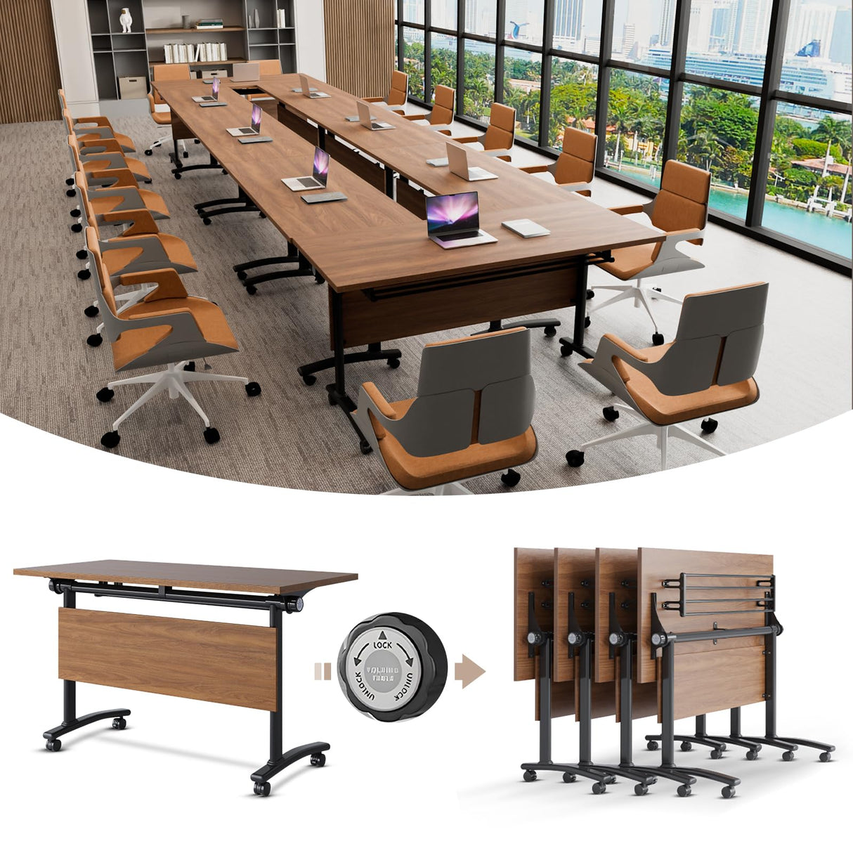 Modern Conference Table,4PCS Folding Conference Table with 360°Mobile Wheels,Office Conference Room Table for 4-6 Person,Modular Meeting Table (Walnut, 47in) Generic
