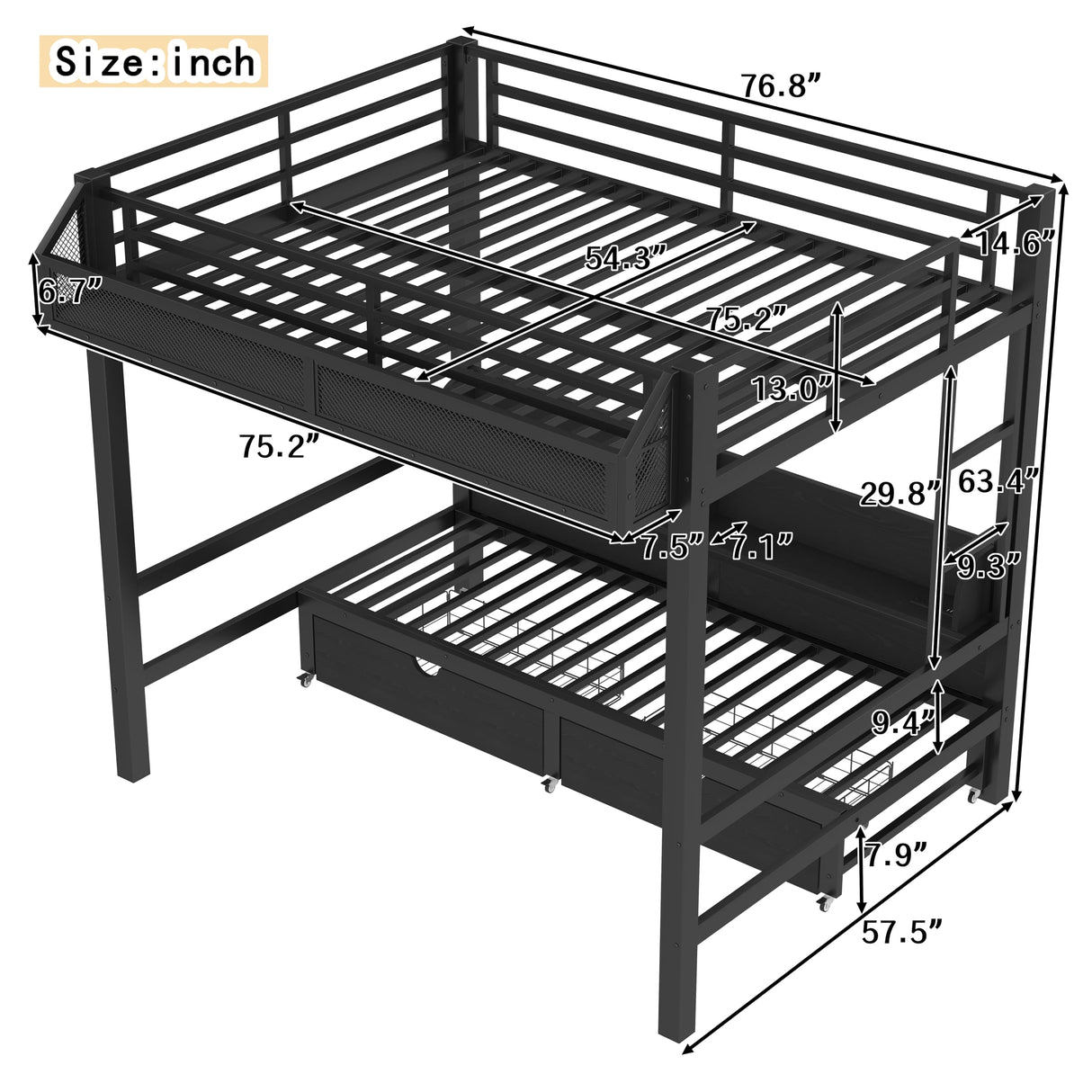 Full over Full Bunk Bed with Storage Drawers and Shelves, Metal Bunk Beds with USB Ports and LED Lights, Lower Bed that can be converted into a sofa for Bed Room,Guest Room,Dormitory.(Black) Harper & Bright Designs