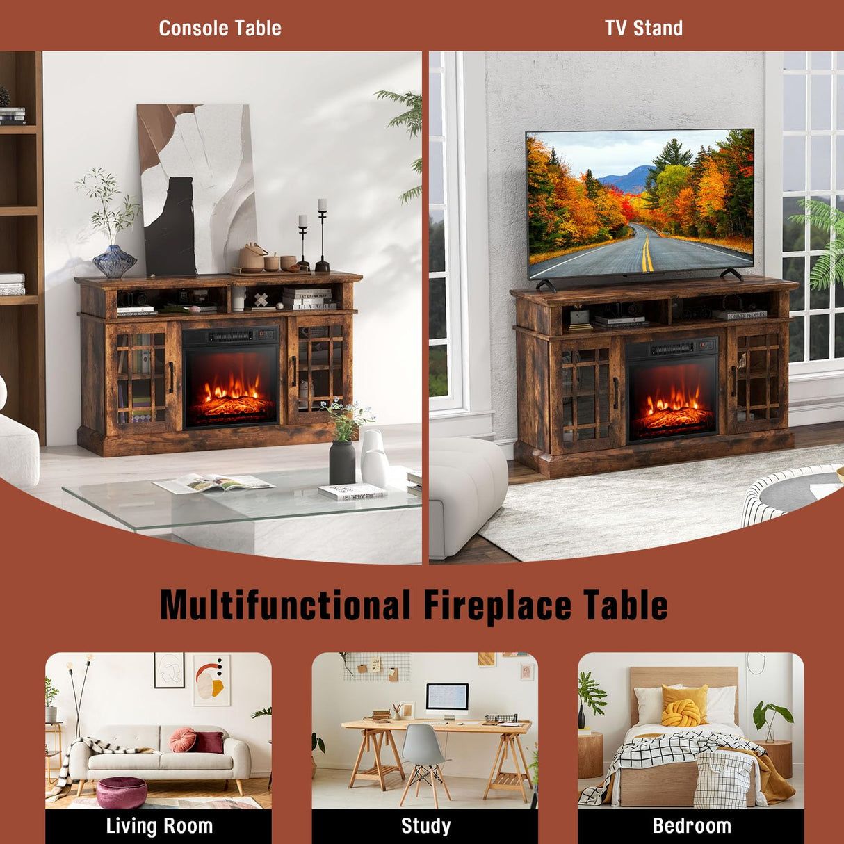 GOFLAME Fireplace TV Stand for TV up to 55 Inches, Freestanding Wood Entertainment Center with 18” Electric Fireplace, 48" TV Console Table with 2 Open Storage Compartments and 2-Door Cabinet, Brown GOFLAME