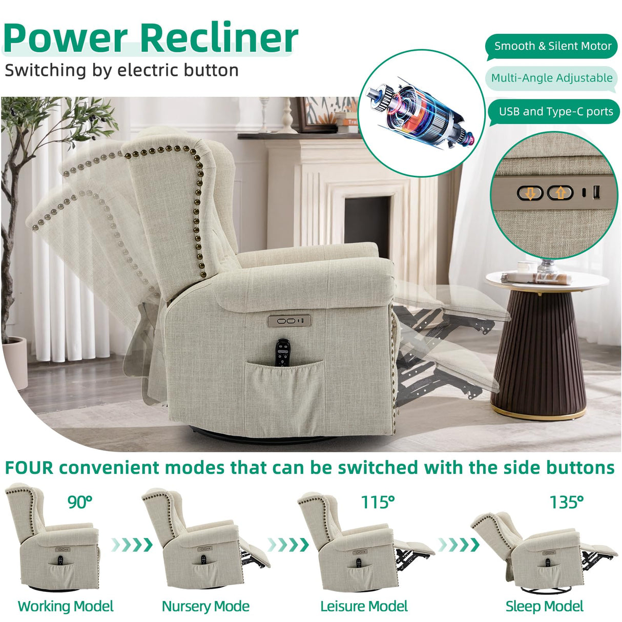 VIVIJASON Power Swivel Rocking Recliner Chair with Massage & Heat, Electric Rocker Nursery Glider Chair, Wingback Tufted Upholstered Recliner W/Type-C & USB Ports for Living Room, Bedroom, Beige VIVIJASON