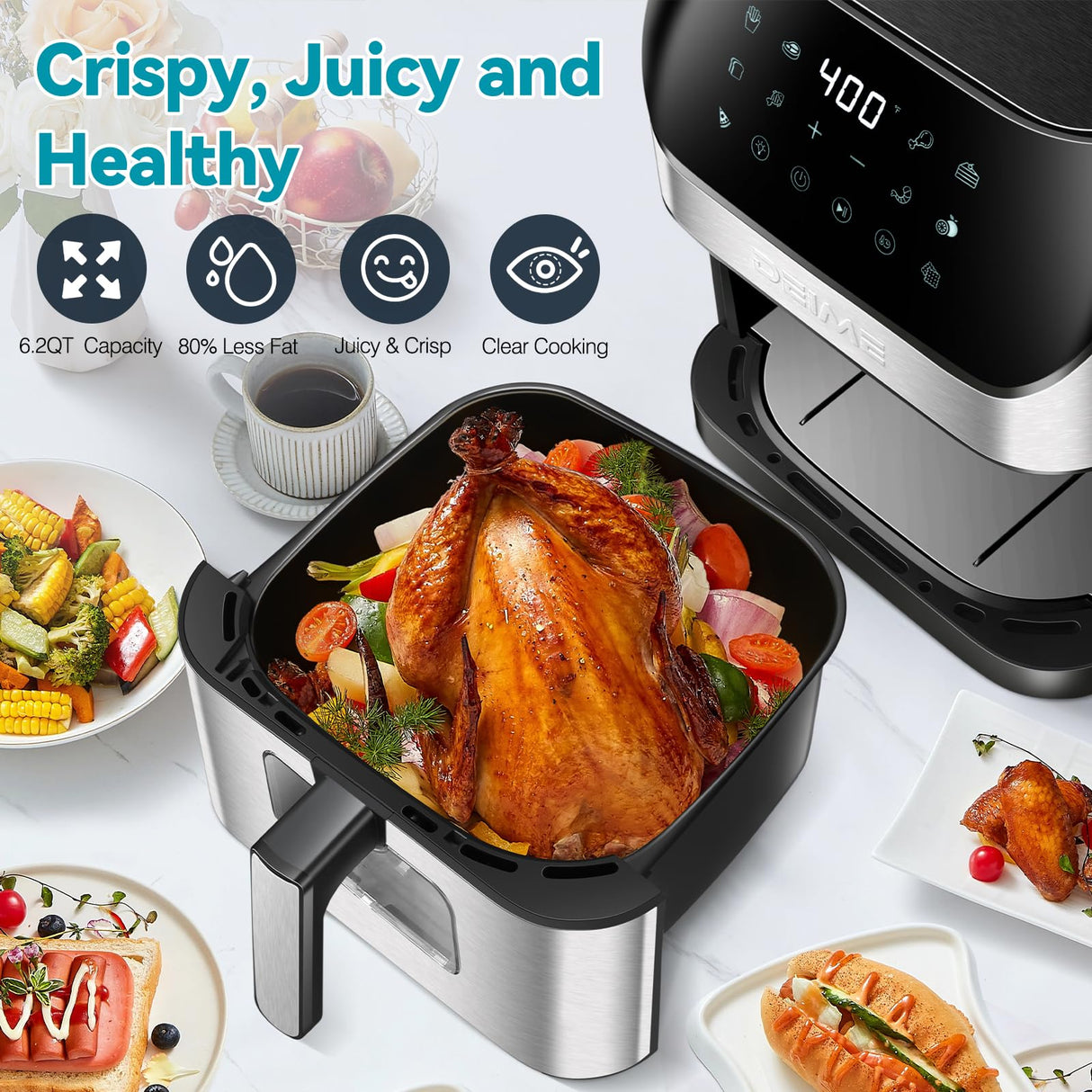 DEIME Air Fryer 6.2 QT Oilless Oven Large AirFryer Healthy Cooker with 10 1-Touch Preset, Visible Cooking Window, Non-Stick Basket & Dishwasher Safe deime