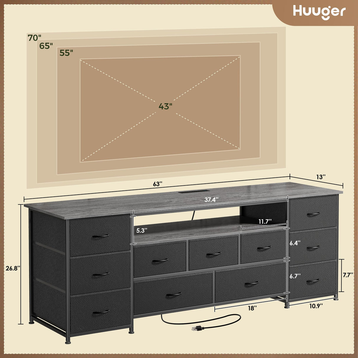 Huuger 63 Inch TV Stand for 65, 70 Inch TV, 11 Drawer Long Dresser with Power Outlets and LED Lights, Entertainment Center with Storage, Grey Dresser with PU Leather Surface Huuger