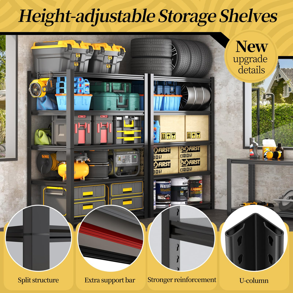 WOZBUD 47.8" W Heavy Duty Garage Shelving 3000LBS Storage Shelves, Adjustable 5-Tier Storage Rack, Metal Shelves for Garage/Warehouse/Basement, 47.8" W x 19.8" D x 72" H, 2 Pack WOZBUD