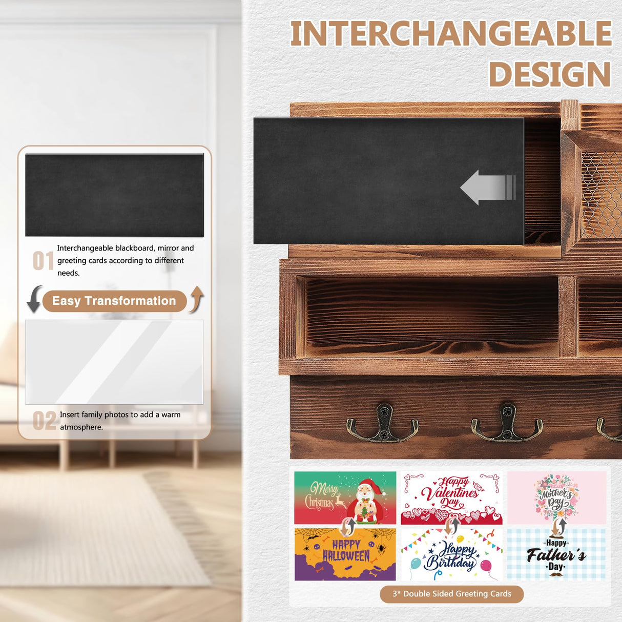 HOMEBROS Key Holder Wall Mount, Wooden Key Mail Holder with Chalkboard Mirror Greeting Cards Mail Key Organizer Storage Key Rack Shelf with 8 Key Hooks for Entryway Hallway Doorway HOMEBROS