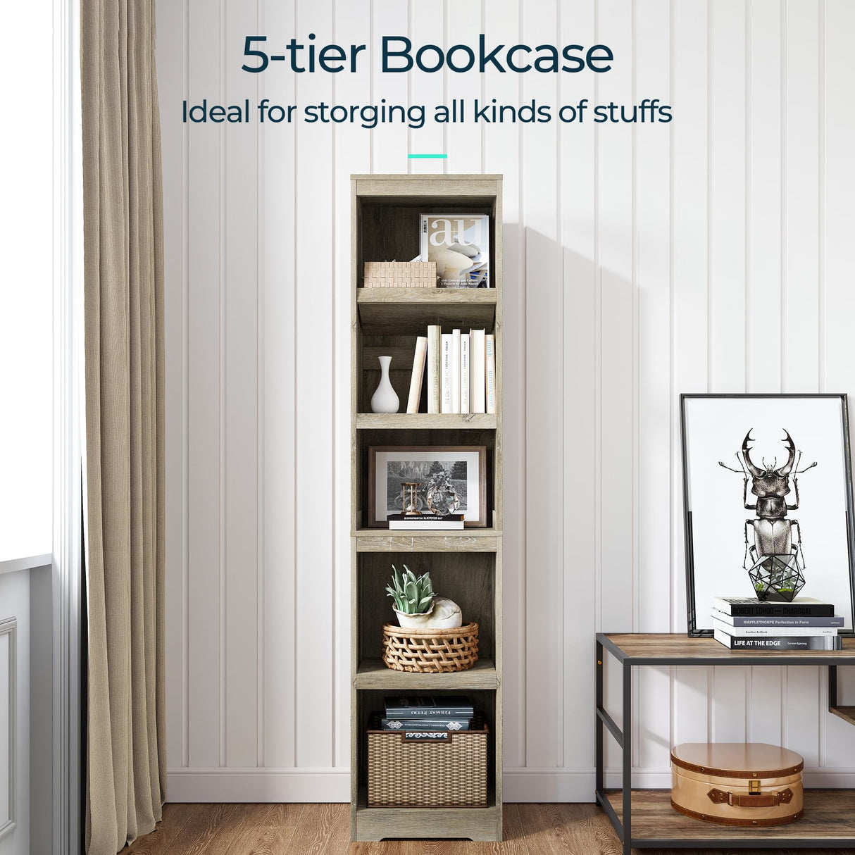 LINSY HOME 5-Shelf Bookcase, Narrow Bookshelves Floor Standing Display Storage Shelves 68 in Tall Bookcase Home Decor Furniture for Home Office, Living Room, Bed Room - Light Brown LINSY HOME