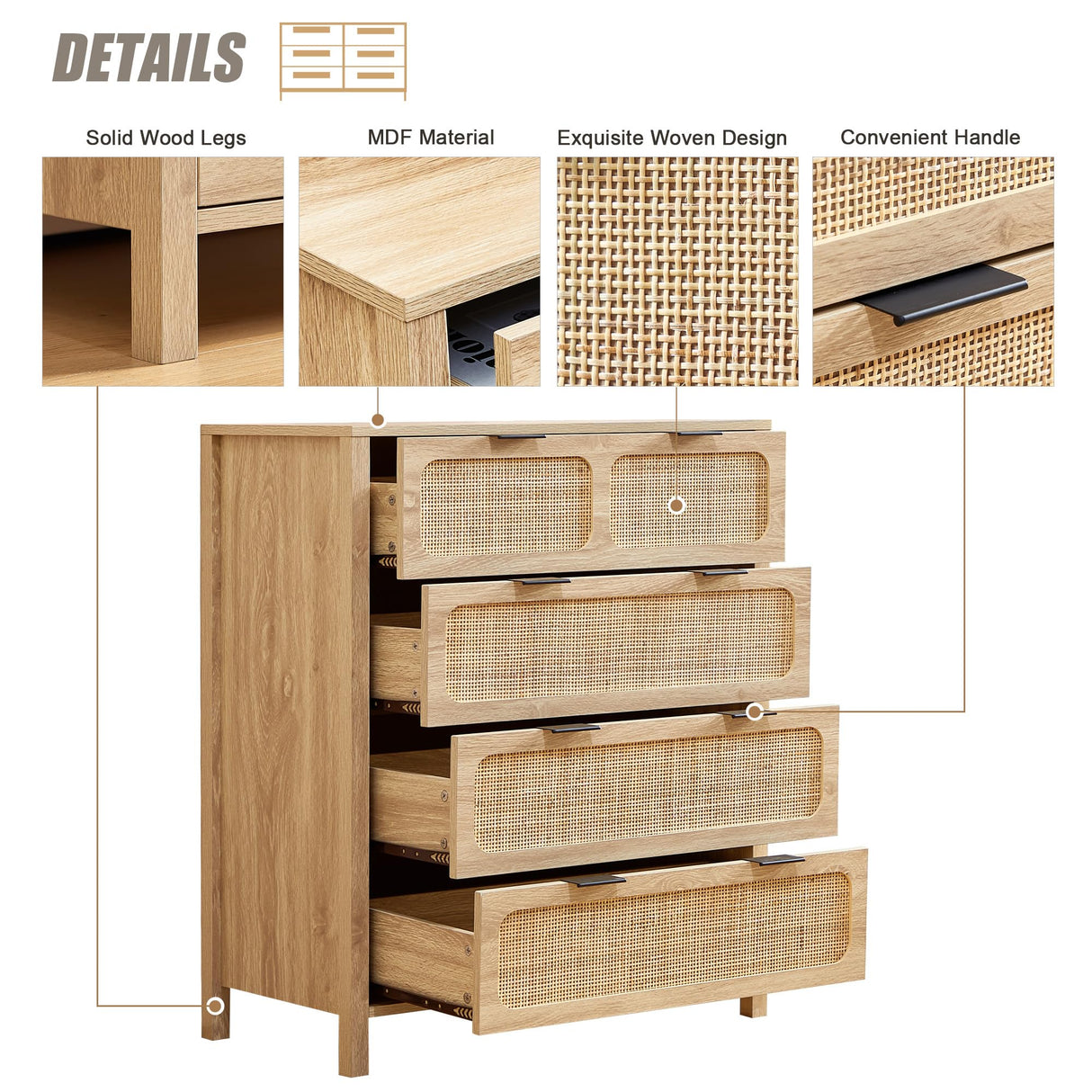 LEVNARY 4 Drawer Dresser for Bedroom, Rattan Dresser Drawers Storage Cane Cabinet, Wooden Chest of Drawers for Bedroom, Entryway, Living Room (1, Natural) LEVNARY