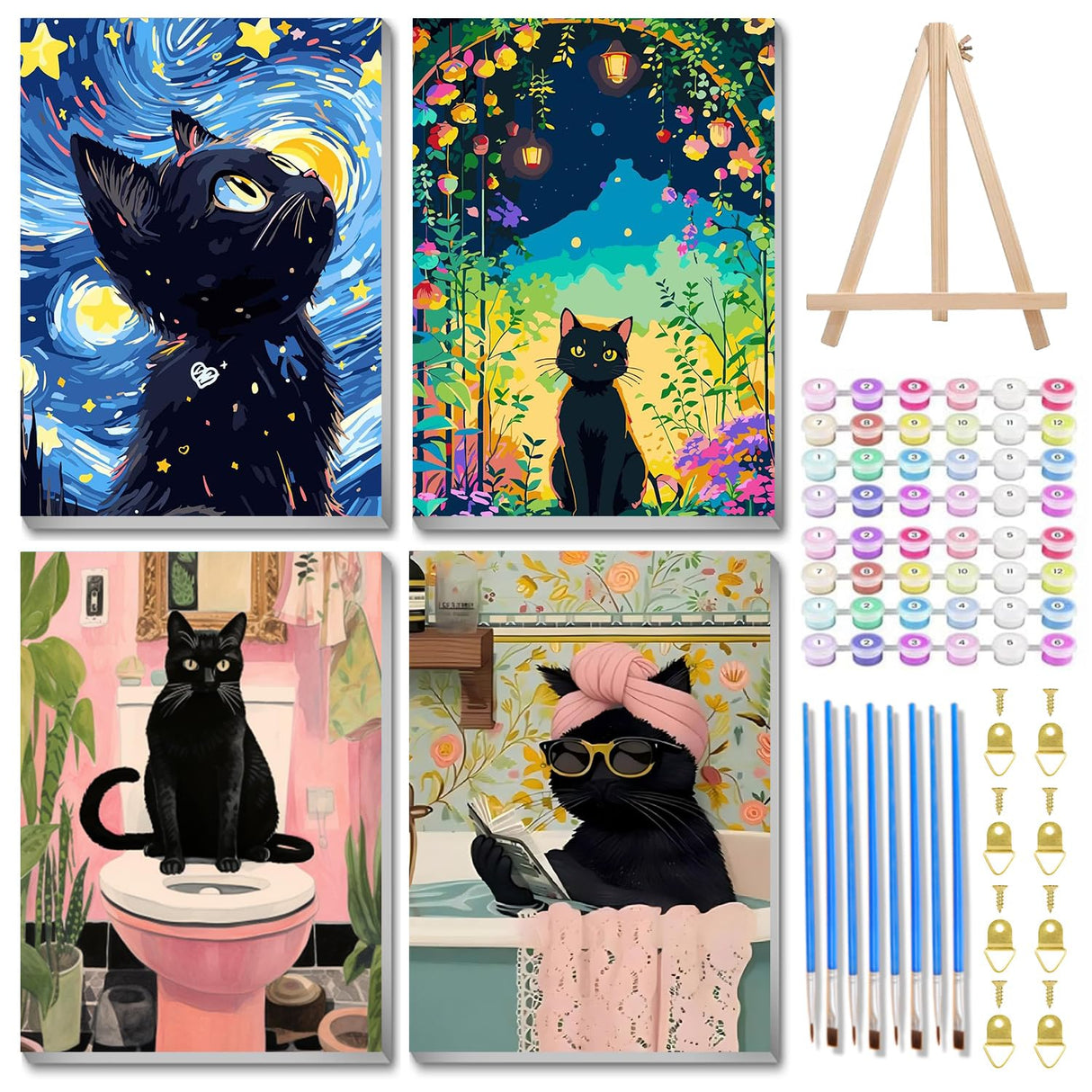 4 Pack Paint by Numbers Kit for Adults with Wooden Frames, Cat Paint by Number for Adults Beginners, Black Cat Paint by Numbers on Canvas Acrylic for Home Wall Art Decor 7.8x11.8Inch Mandun