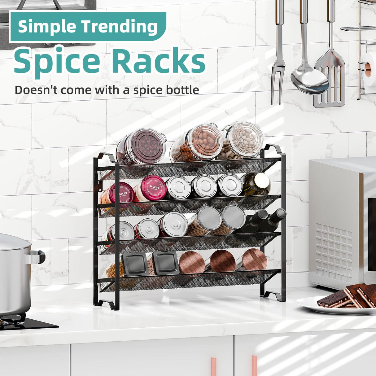 Simple Trending 2-Pack 4 Tier Spice Rack Organizer,Stackable Kitchen Counter Shelves,for Cabinet,Countertop,Pantry, Door or Wall Mount, Metal Mesh,(Jars not included), Black Simple Trending