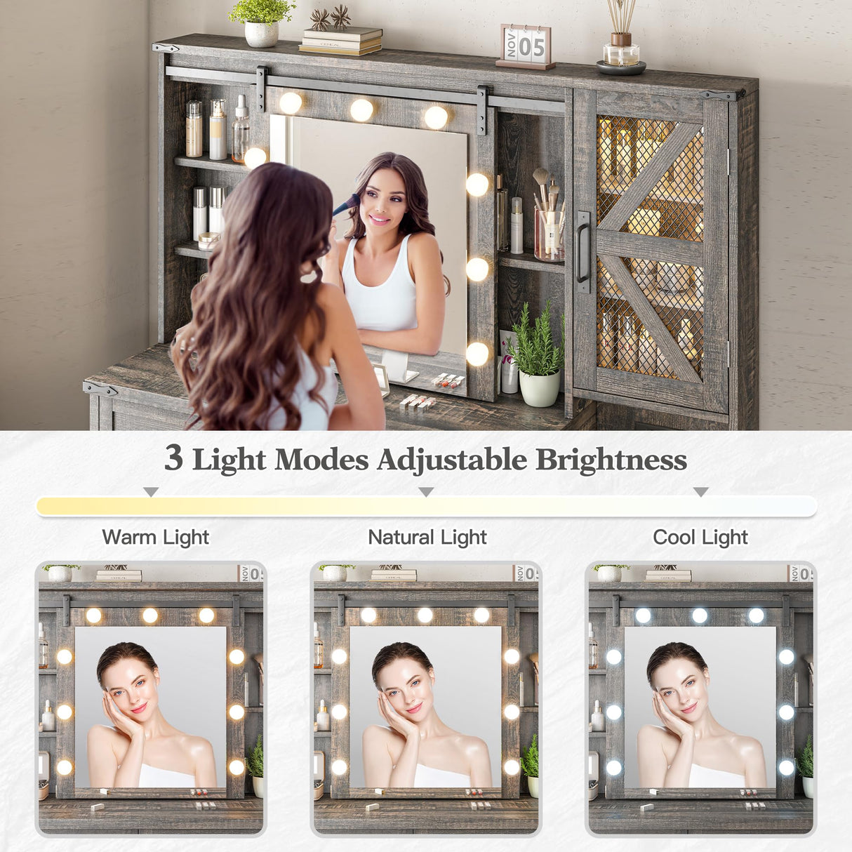 EnHomee 47.2"W Farmhouse Vanity Makeup Vanity Desk with Mirror and Lights,Vanity Table with 4 Drawers & Shelves Big Makeup Desk with Charging Station for Bedroom, Dark Rustic Oak (Stool not Included) EnHomee