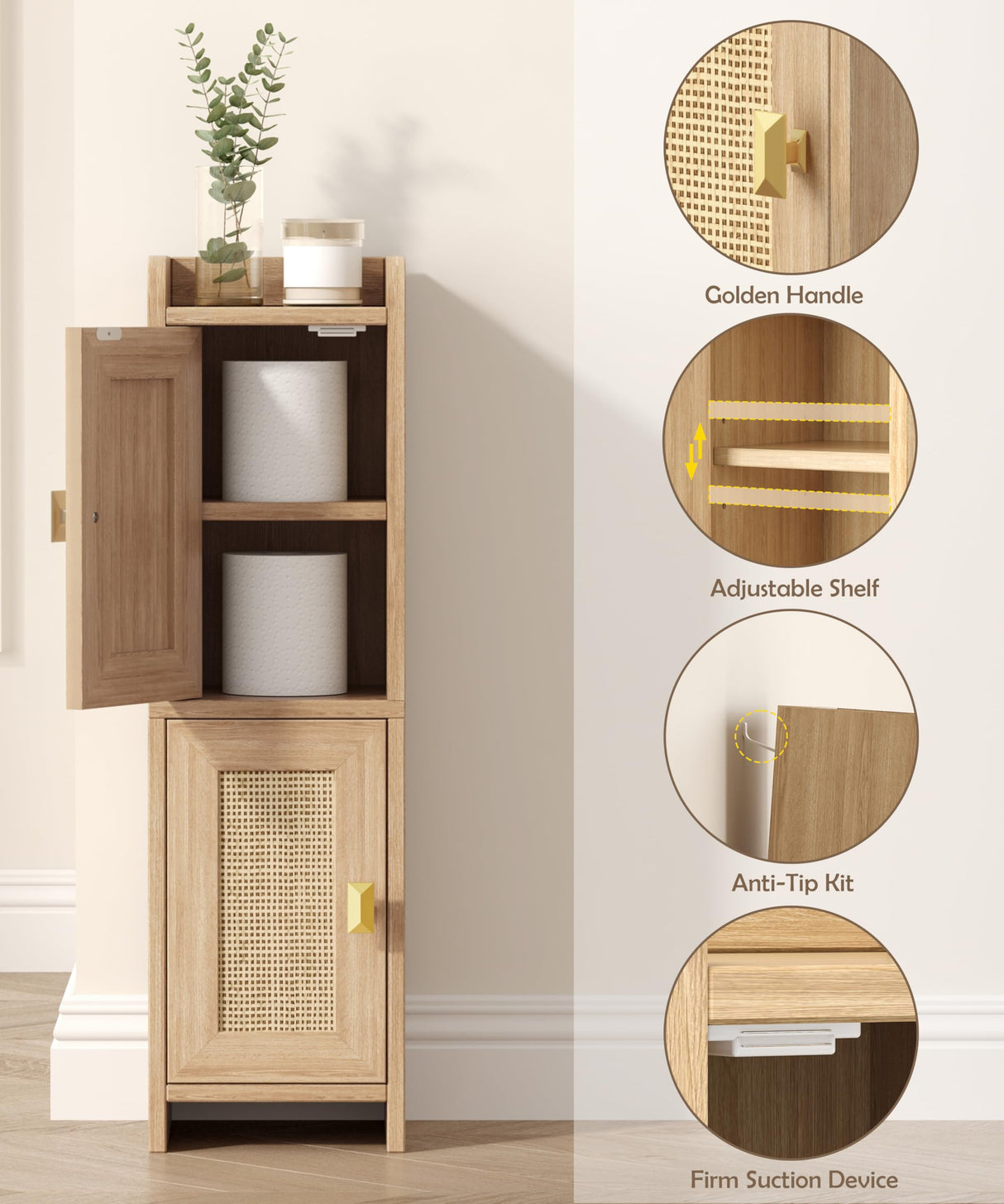 Akxomel Rattan Small Bathroom Cabinet with 2 Doors, Narrow Toilet Paper Storage Cabinet, Bathroom Organizer for Small Spaces, Wooden Slim Corner Floor Unit with Adjustable Shelves, Natural Oak Akxomel
