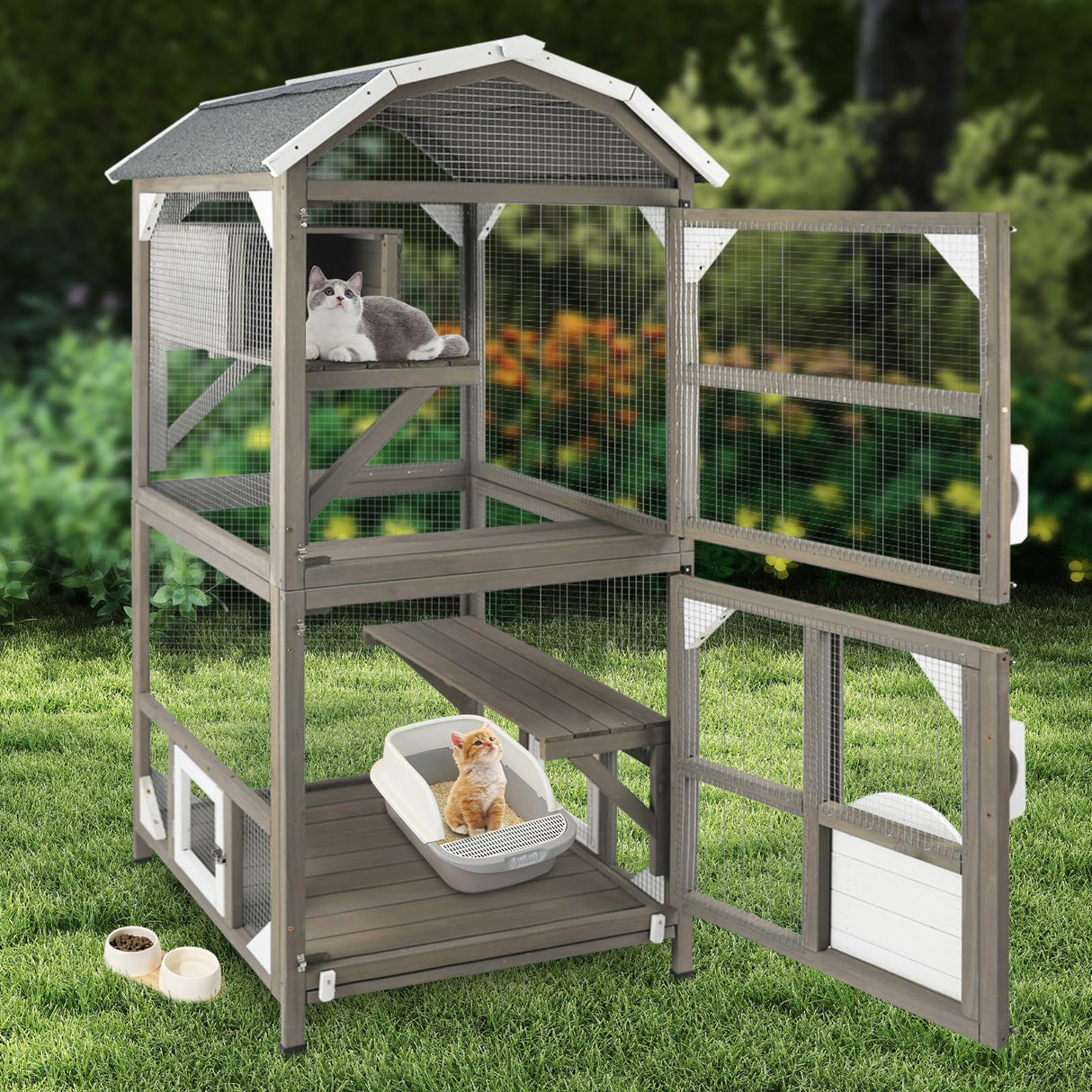 Catio Cat House Outdoor Cat Enclosure Window Large Cat Cage Indoor Outdoor with Multiple Platforms Waterproof Roof and Resting Box Shelter for Stray Kittens (Grey, 29.5" D x 29.5" W x 68.1" H) ketive
