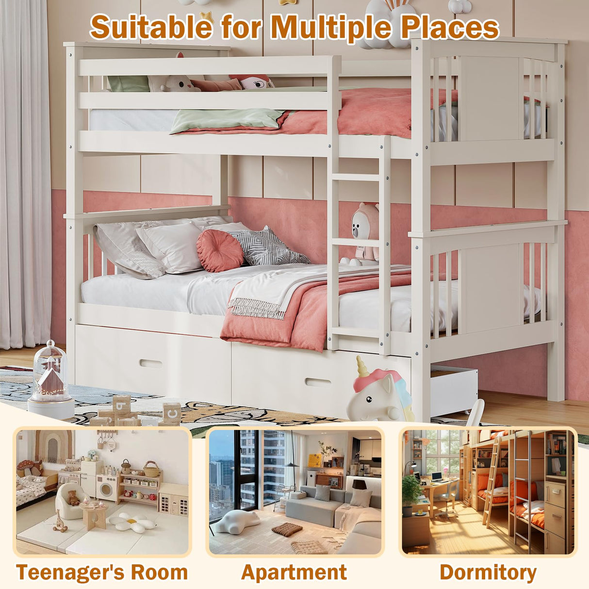 FUQARHY Bunk Bed Twin Over Twin with Storage Drawers, White Convertible Wooden Twin Bunk Beds with Sturdy Stairs and Safety Guardrail, No Box Spring Needed (White) FUQARHY