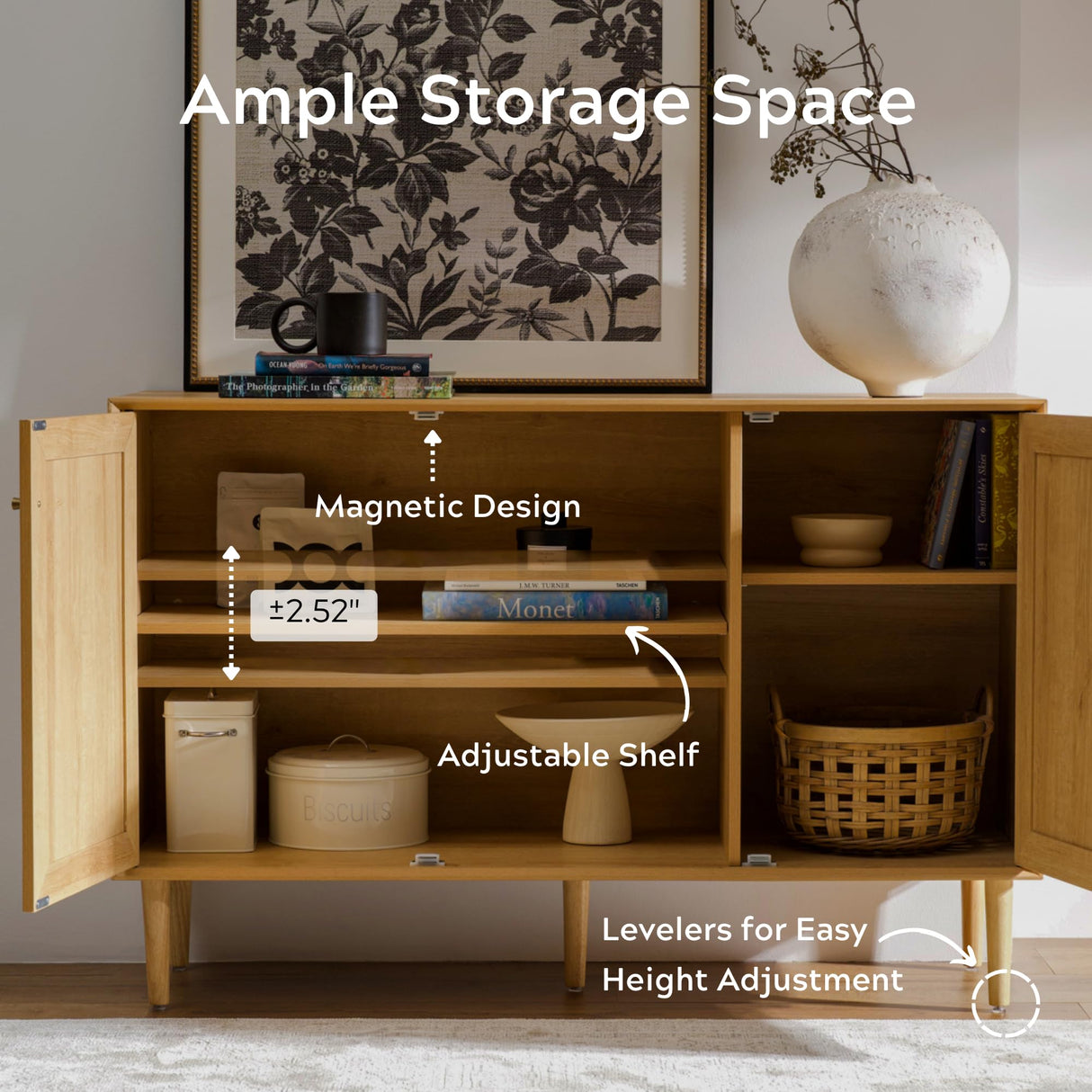 EYYTHUNG Rattan Storage Cabinet with 3 Doors, Boho Sideboard Buffet Cabinet Solid Wood Farmhouse Credenza Cabinet with Adjustable Shelves for Living Room Kitchen Entryway Hallway, Natural Oak EYYTHUNG