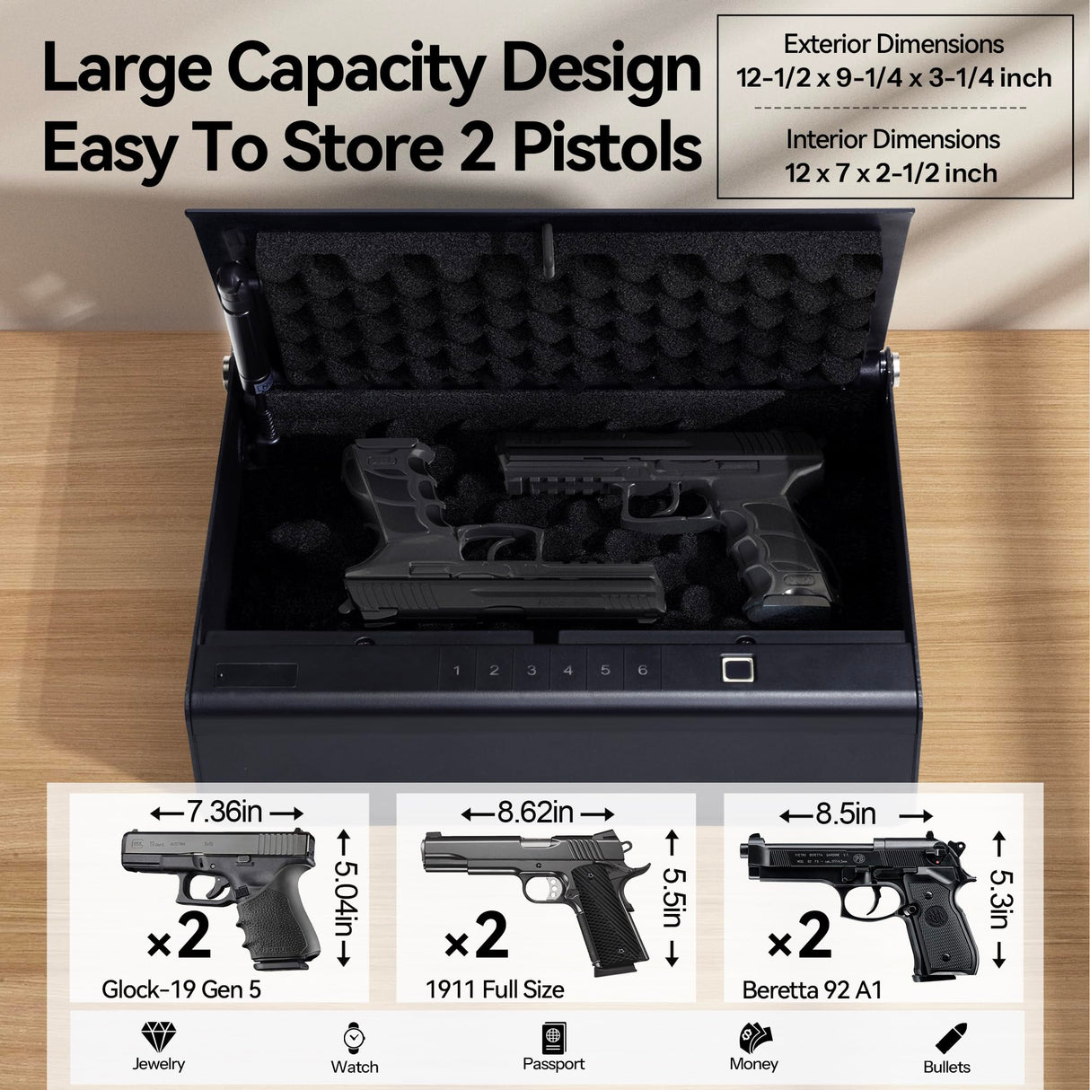 NASTAIS Biometric Gun Safe for 2 Pistols, Handgun safe, 4 Ways 0.1s Quick Access with APP/Fingerprint/Passcode/Key Unlock, Gun Lock Box for Home Bedside Nightstand Cloakroom Car NASTAIS