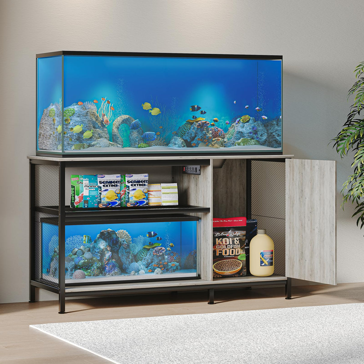 Tatub 55-90 Gallon Aquarium Stand with Power Outlets, Large Fish Tank Stand with Cabinet for Accessories Storage, Heavy Duty Metal Fish Tank Table Suitable for Turtle, Reptile, 1000LBS Capacity Tatub