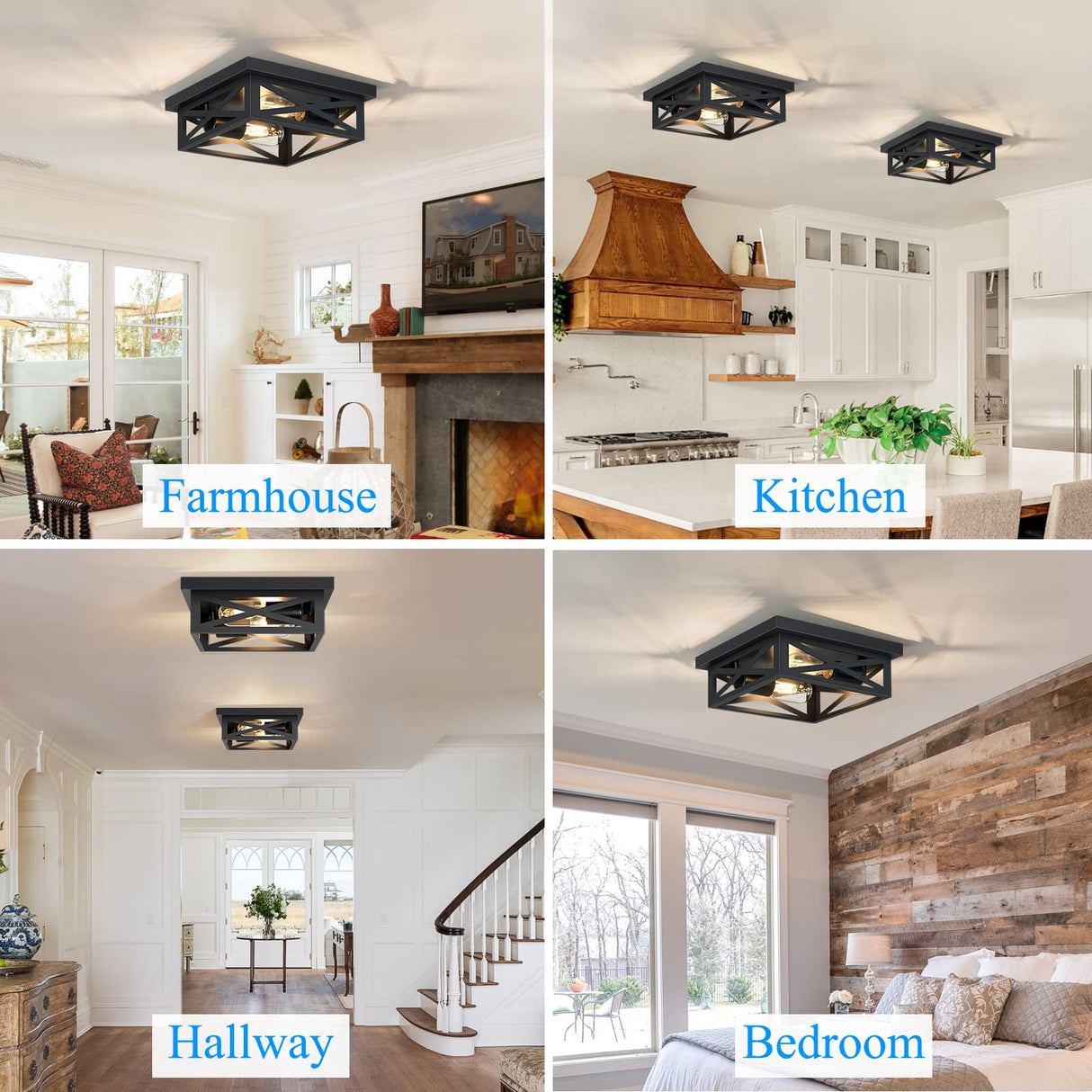 SKEJAO Black Flush Mount Ceiling Light Fixture,2-Light Square Hallway Light Fixtures Ceiling,Light Fixtures Ceiling Mount for Farmhouse,Kitchen,Hall,Bedroom (2 Pack) SKEJAO