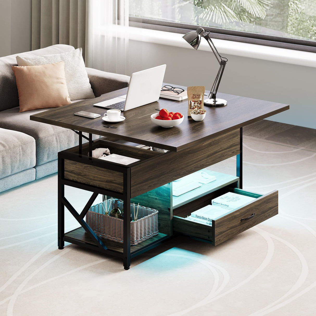 ONBRILL Coffee Table, 40" Lift Top Coffee Table with Drawers & LED Light for Living Room, Coffee Table with Hidden Compartment & 2 Open Shelves for Dining Reception Room, Black ONBRILL