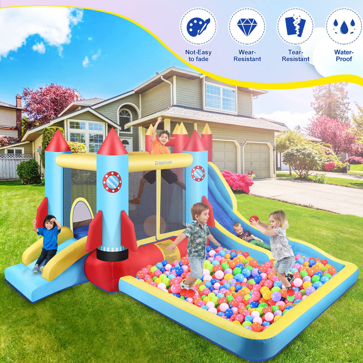 WONFUY Bounce House for Kids 13X11ft Outdoor Indoor Bouncy House with Blower Jumping Castle Water Slide Climbing Wall and Pool Splash, Backyard Fun Rocket Inflatable Slide Bouncer Ages 3-10 Years WONFUY